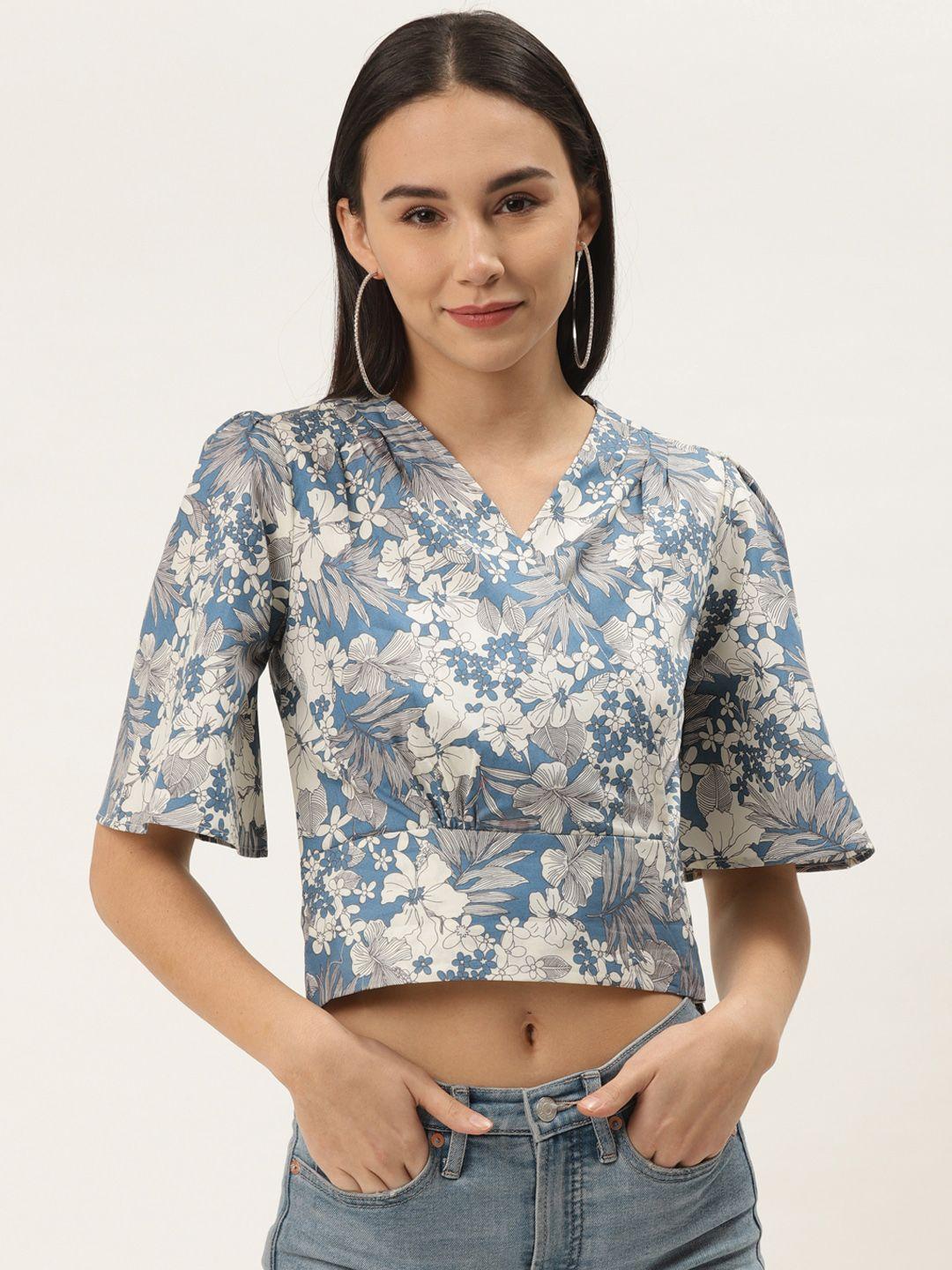 zizo by namrata bajaj women blue & off-white floral printed crop blouson pure cotton top