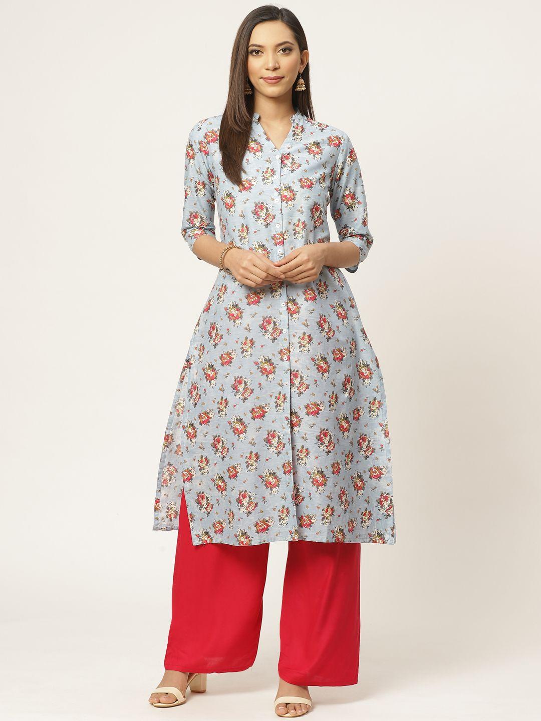 zizo by namrata bajaj women blue & pink pure cotton floral print a-line kurta