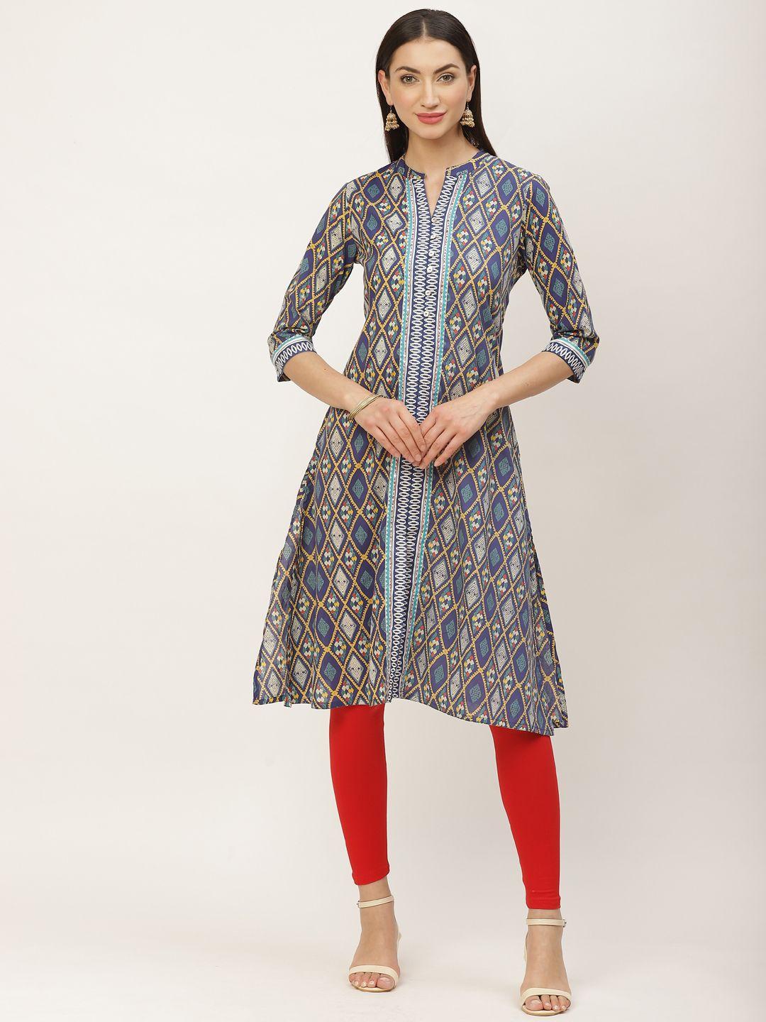 zizo by namrata bajaj women blue & yellow printed a-line kurta