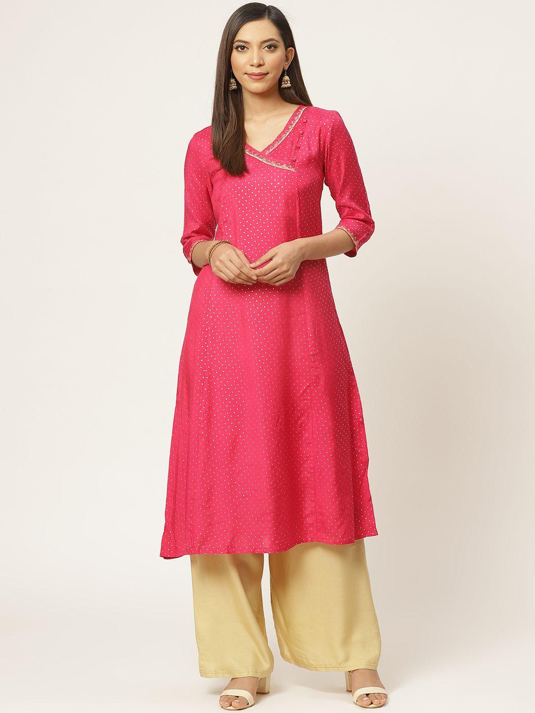 zizo by namrata bajaj women fuchsia & golden polka print a-line kurta