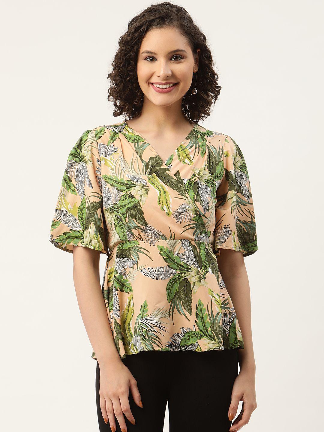 zizo by namrata bajaj women green & beige tropical print crepe wrap top