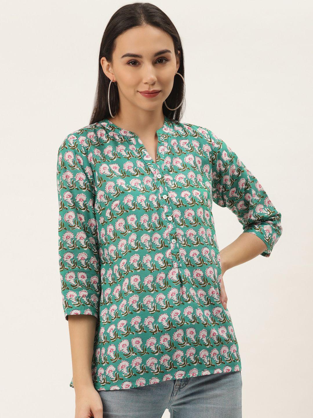 zizo by namrata bajaj women green & white pure cotton ethnic printed top