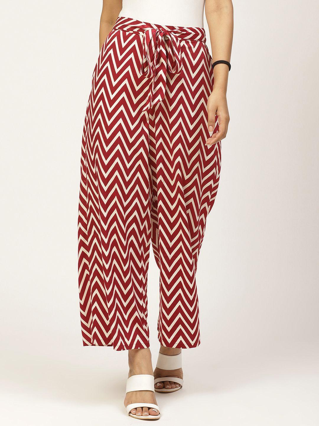 zizo by namrata bajaj women maroon & white regular fit chevron print parallel trousers