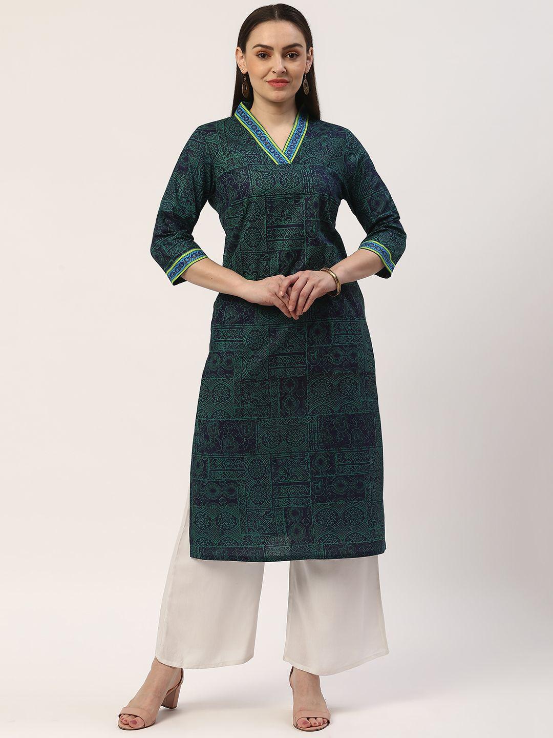 zizo by namrata bajaj women navy blue & green printed straight kurta