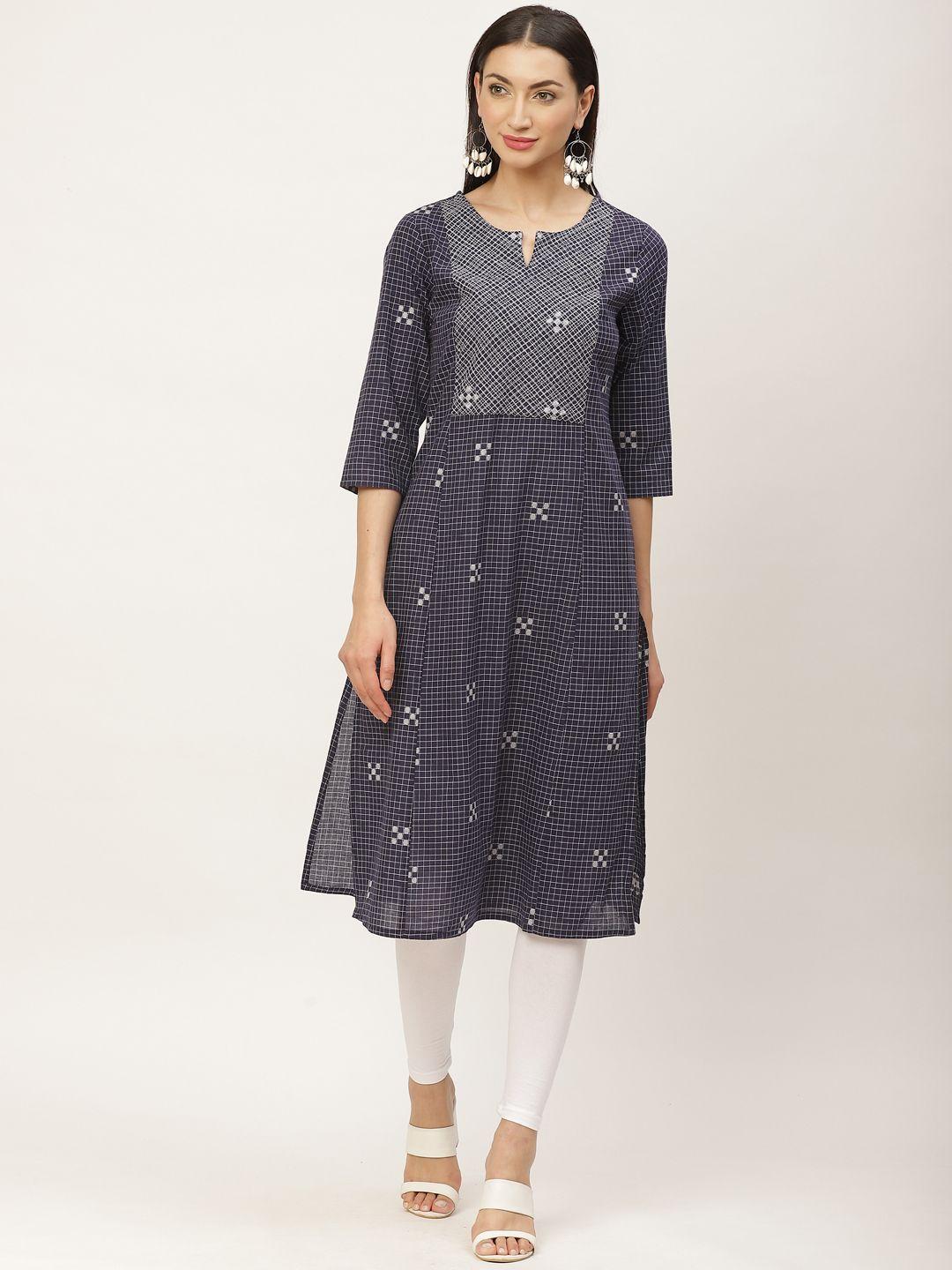 zizo by namrata bajaj women navy blue & white checked a-line kurta