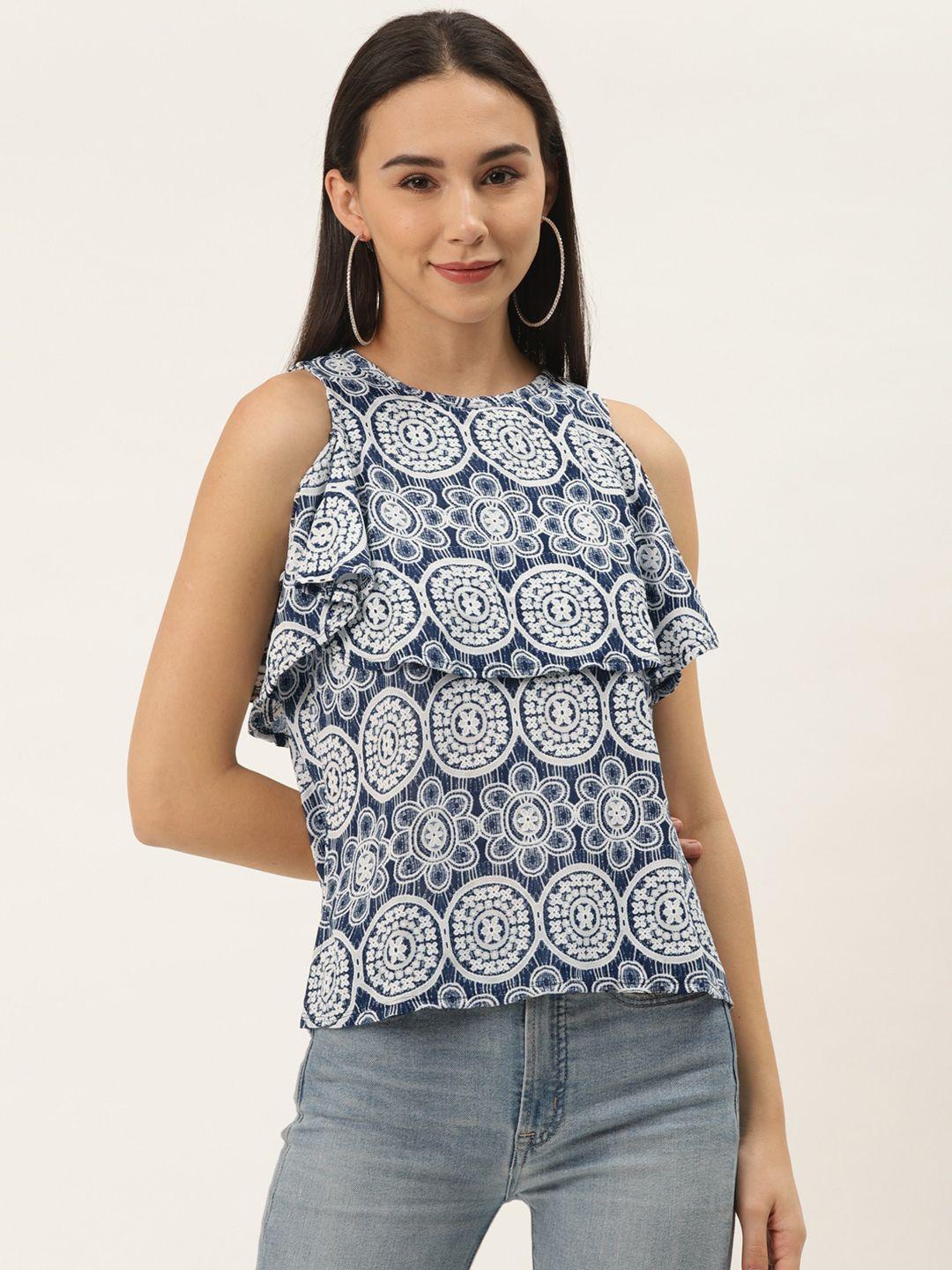 zizo by namrata bajaj women navy blue & white floral printed stretchable top