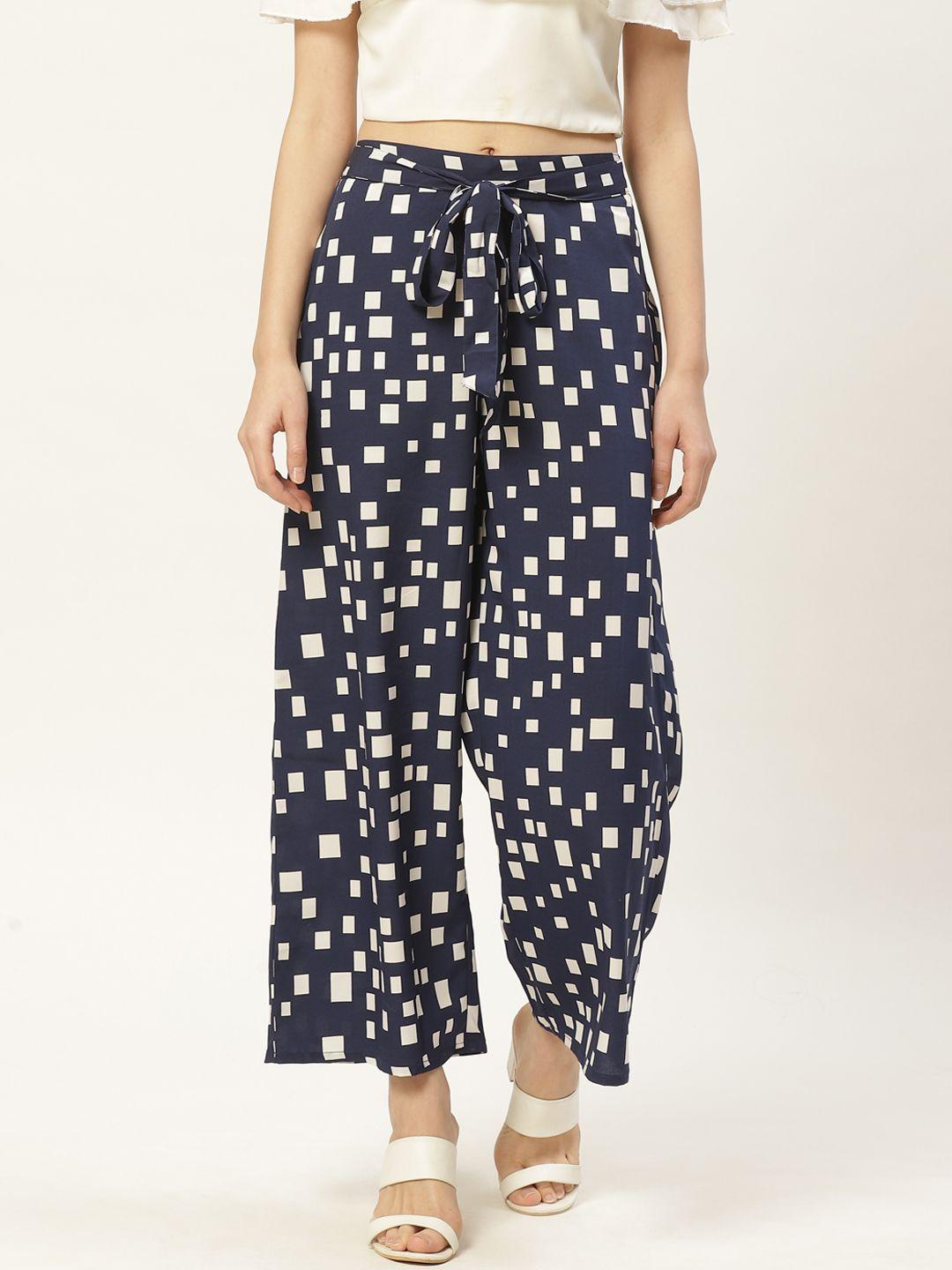 zizo by namrata bajaj women navy blue & white printed cropped trousers