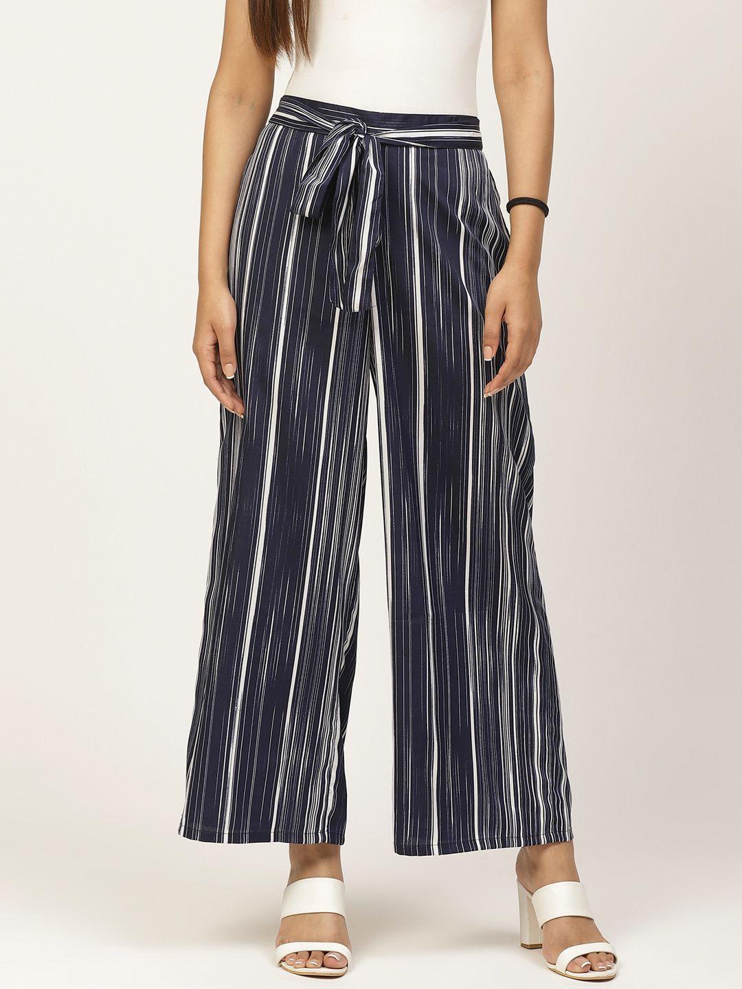 zizo by namrata bajaj women navy blue & white regular fit striped parallel trousers