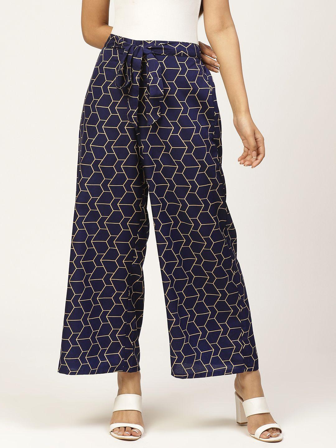 zizo by namrata bajaj women navy blue & yellow regular fit printed parallel trousers