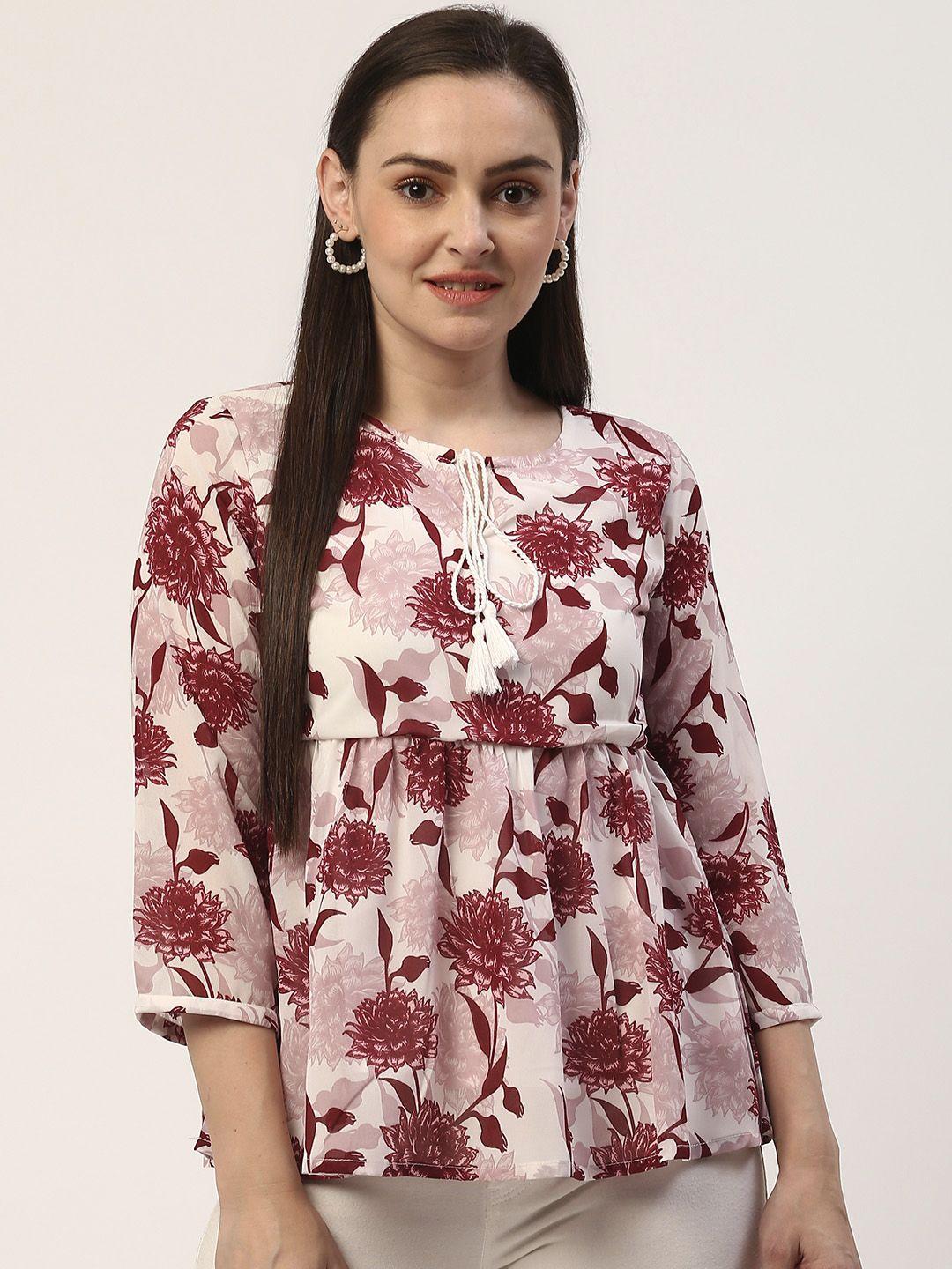 zizo by namrata bajaj women off-white & maroon floral print empire top
