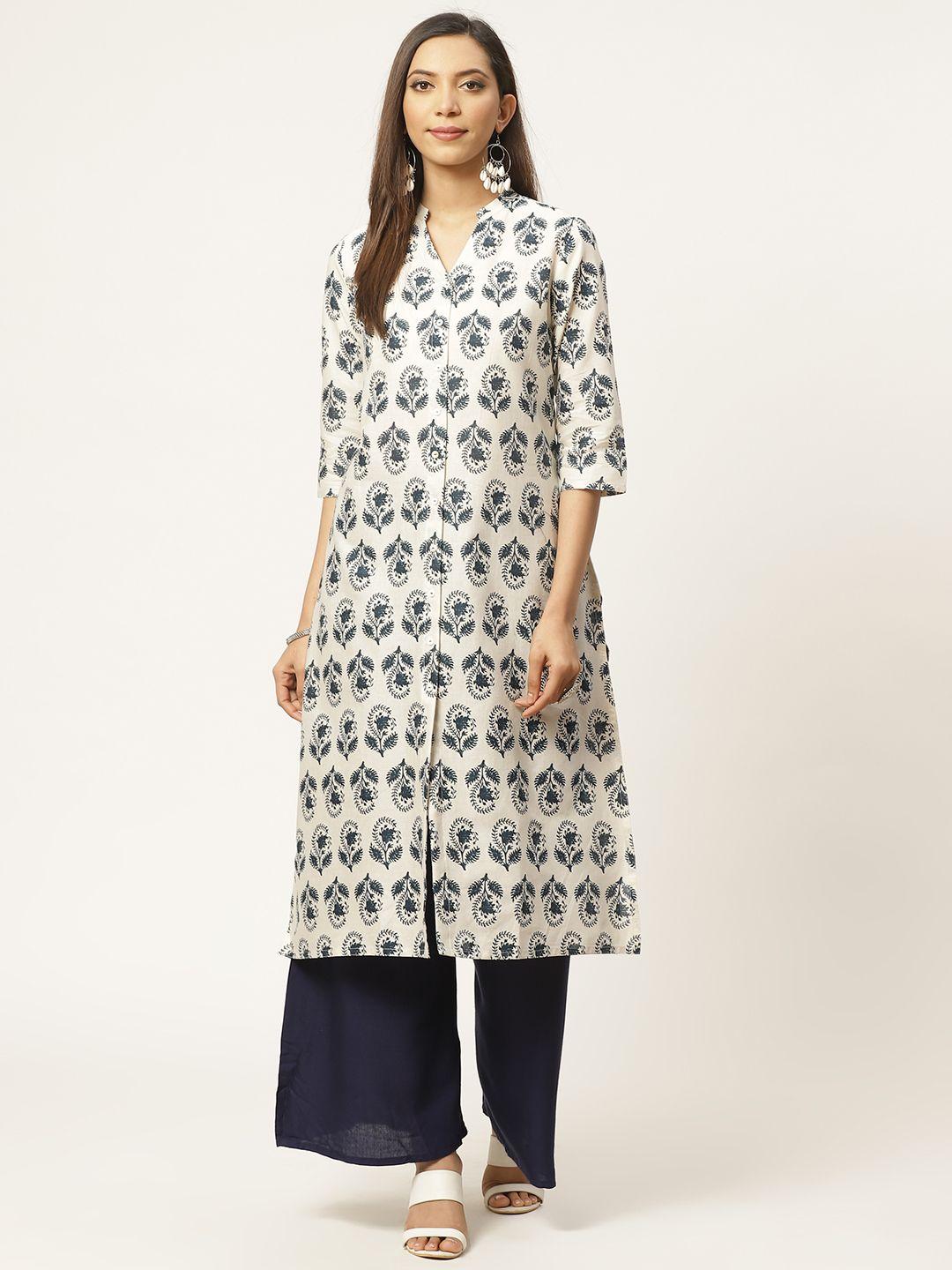 zizo by namrata bajaj women off-white & navy blue floral printed a-line kurta