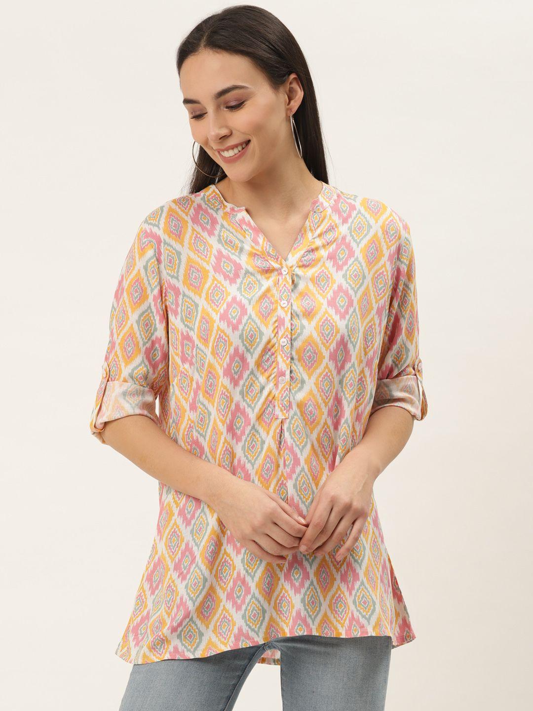 zizo by namrata bajaj women off-white & pink liva printed shirt style top