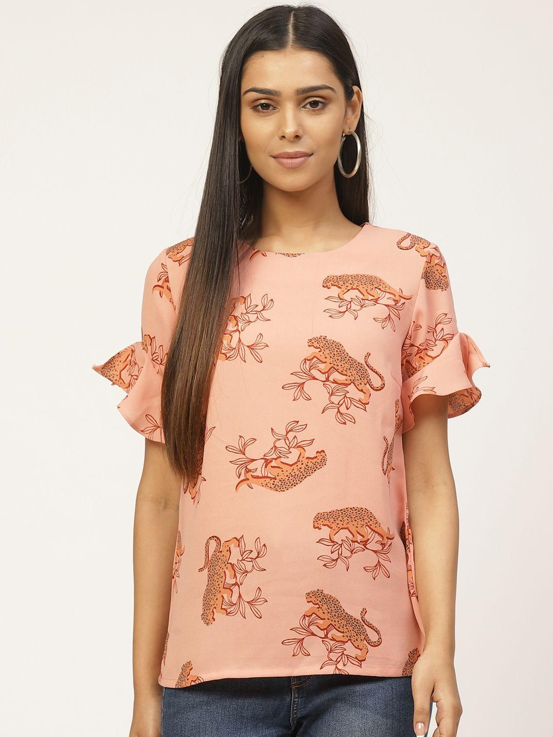 zizo by namrata bajaj women peach-coloured & maroon tiger print top