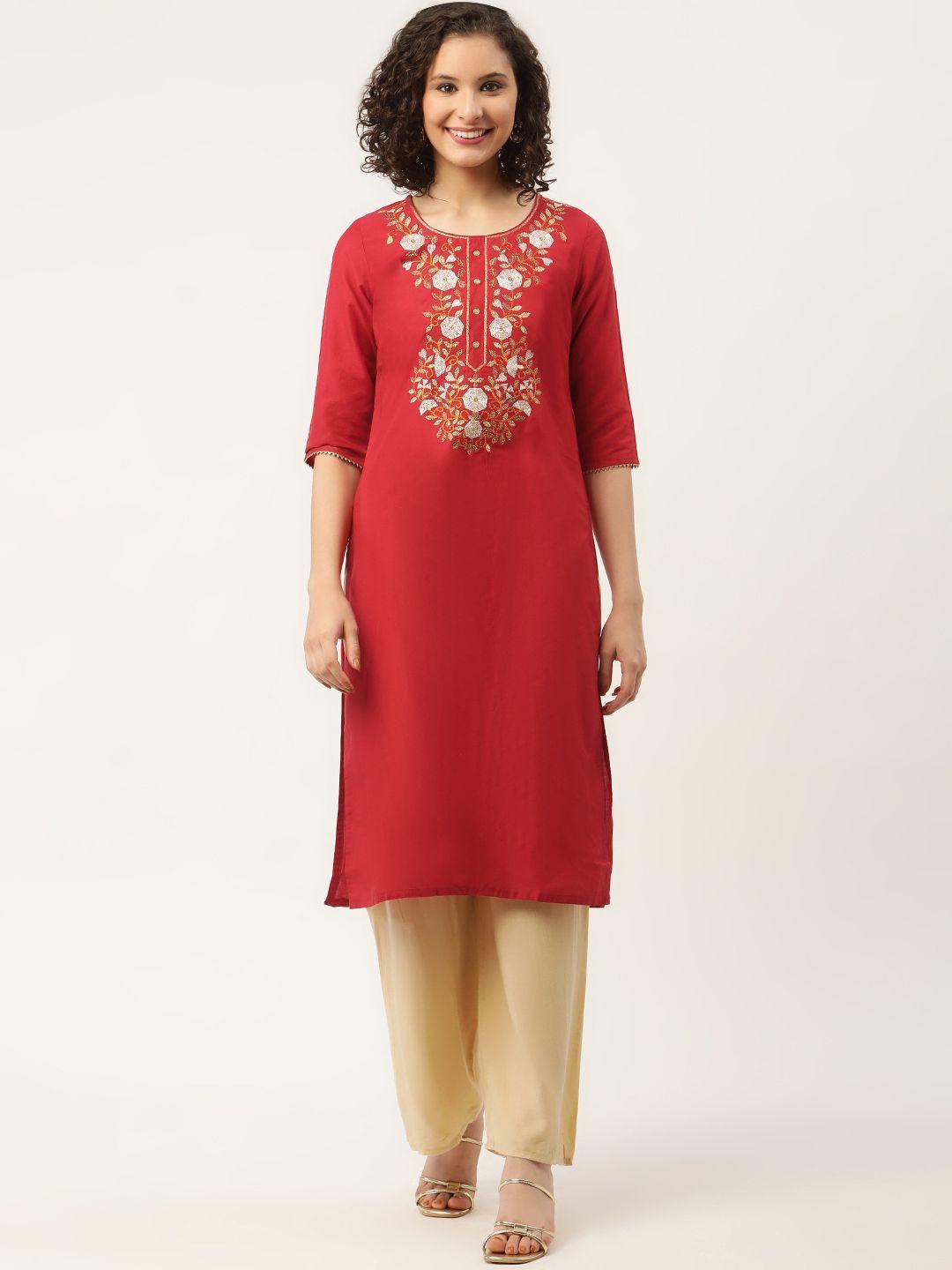 zizo by namrata bajaj women red & gold-toned floral embroidered kurta