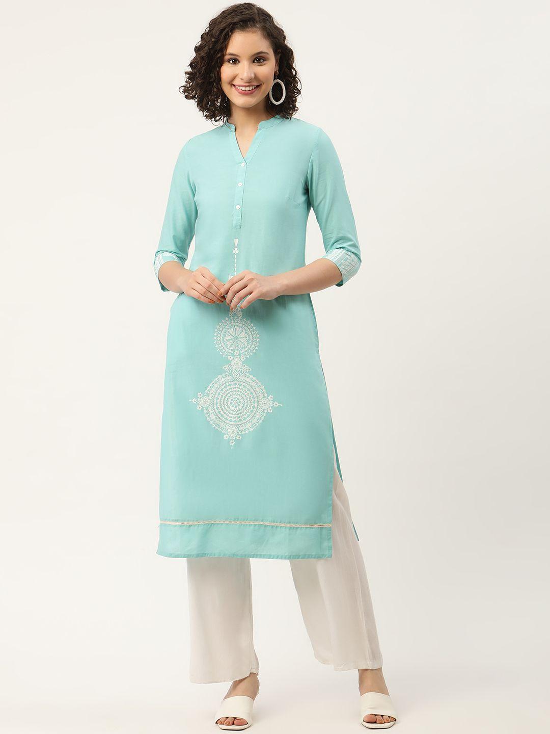 zizo by namrata bajaj women turquoise blue & white ethnic print mandarin collar kurta