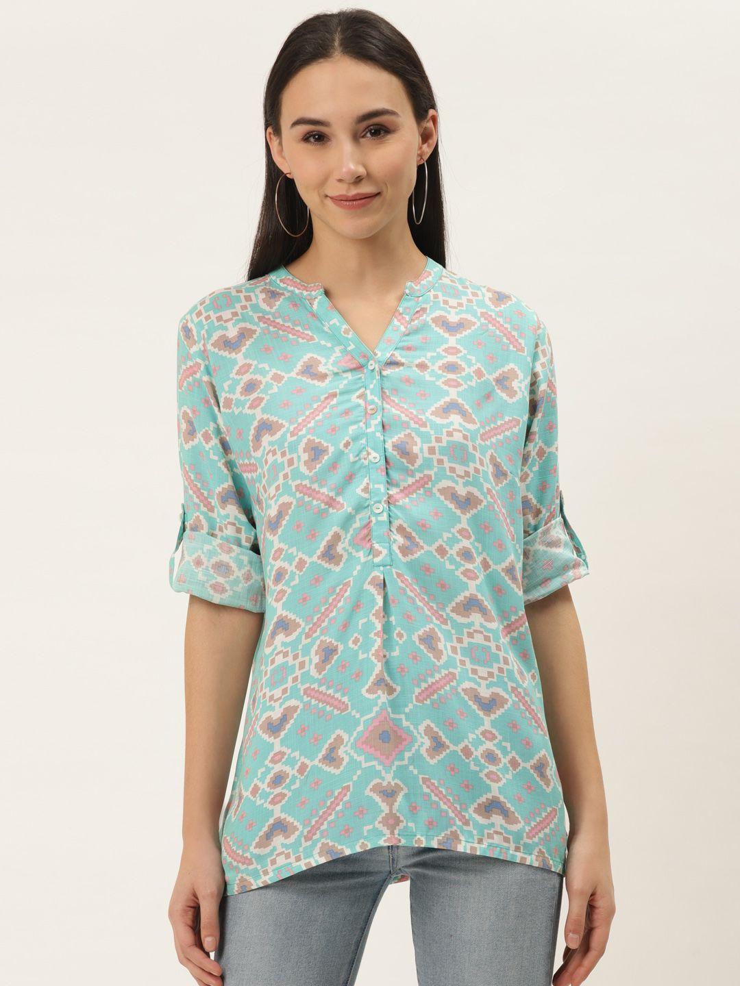 zizo by namrata bajaj women turquoise blue liva printed shirt style top
