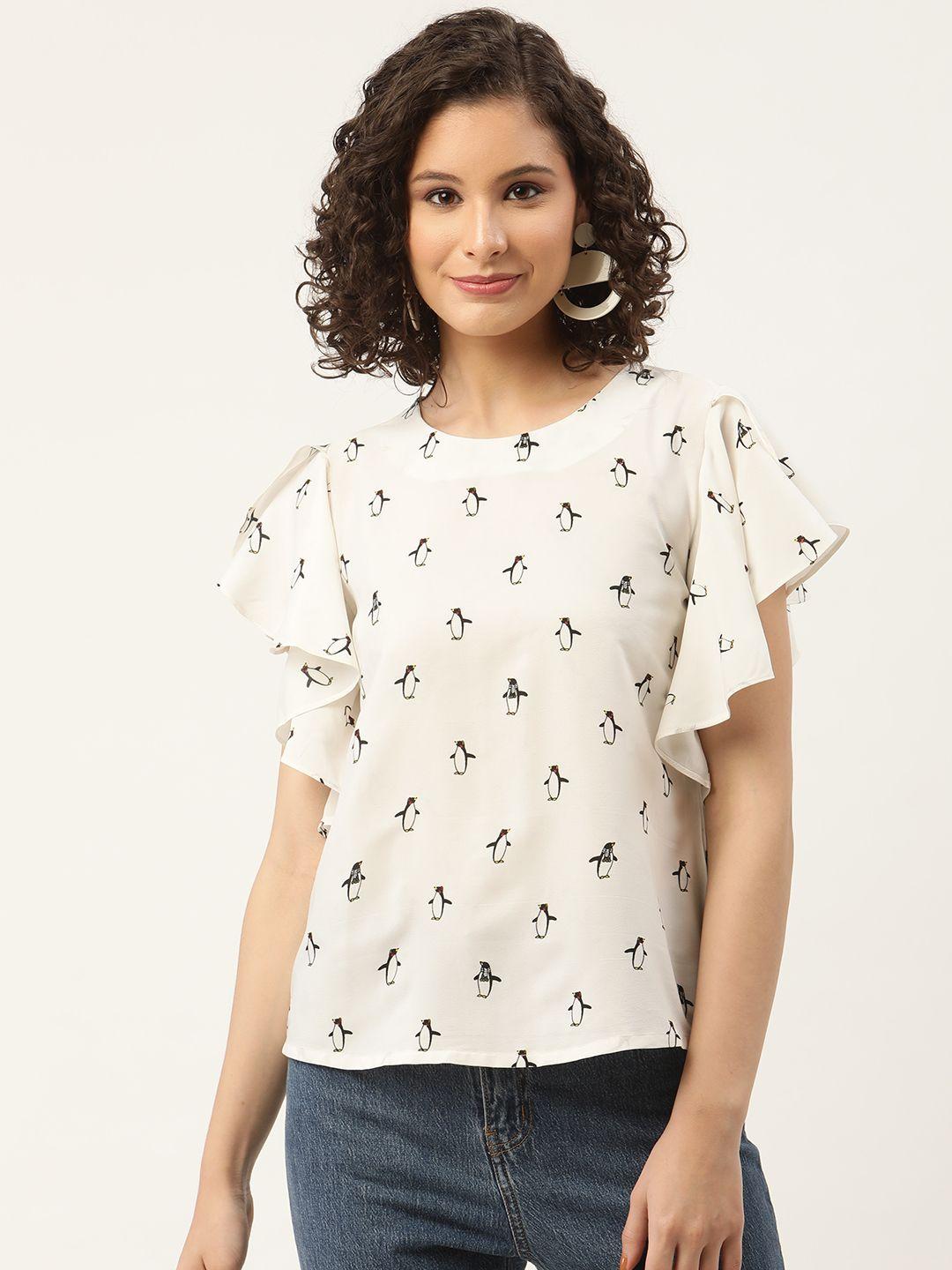 zizo by namrata bajaj women white & black penguin print flutter sleeves crepe top