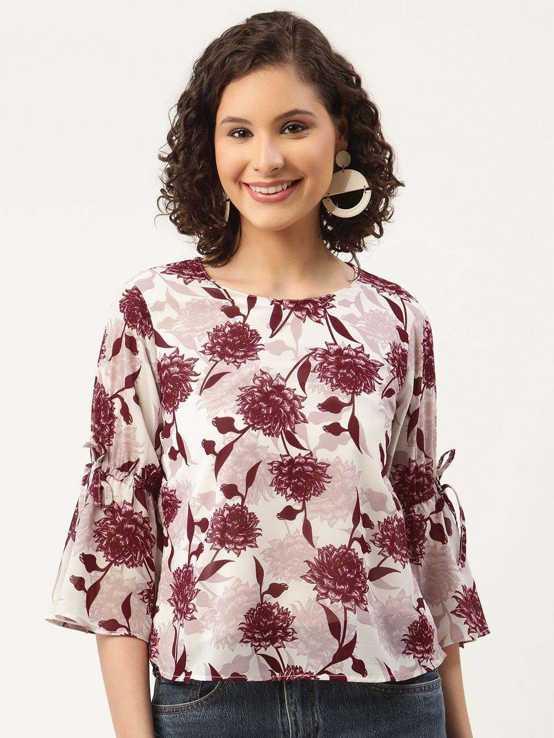 zizo by namrata bajaj women white & maroon floral print bell sleeves georgette top