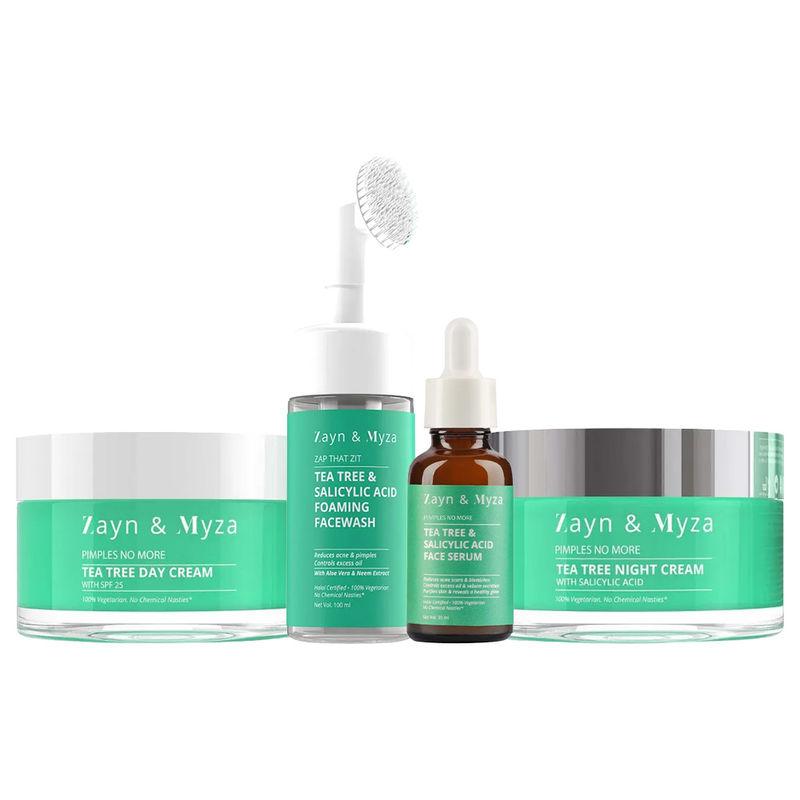zm zayn & myza acne-free skin for women - tea tree & salicylic acid face wash + serum + day + night cream