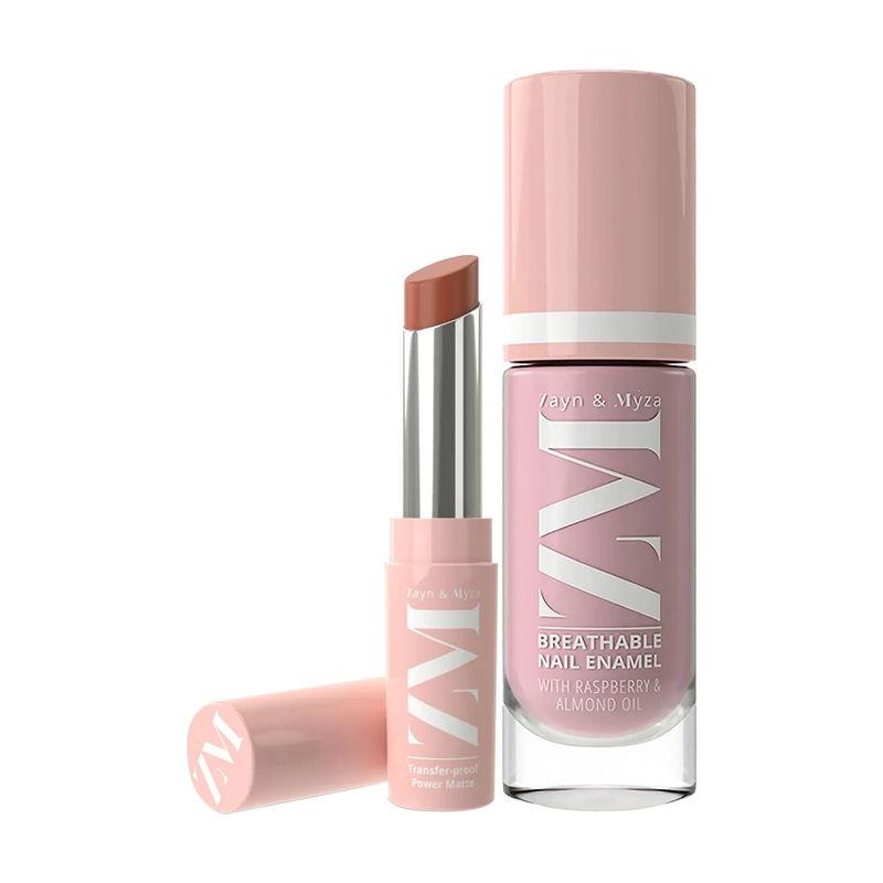 zm zayn & myza mauve cheesecake nail polish + bare beauty lipstick