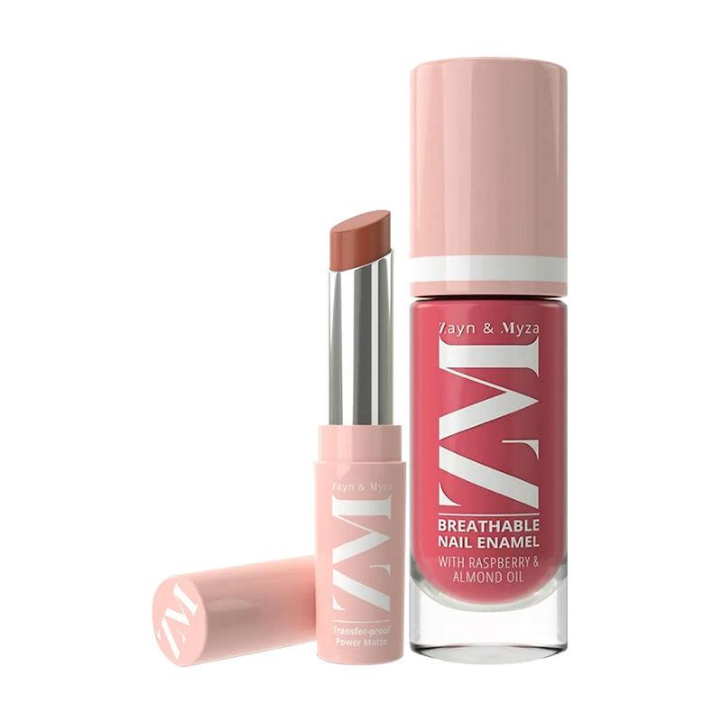 zm zayn & myza rose macaroon nail polish + bare beauty lipstick