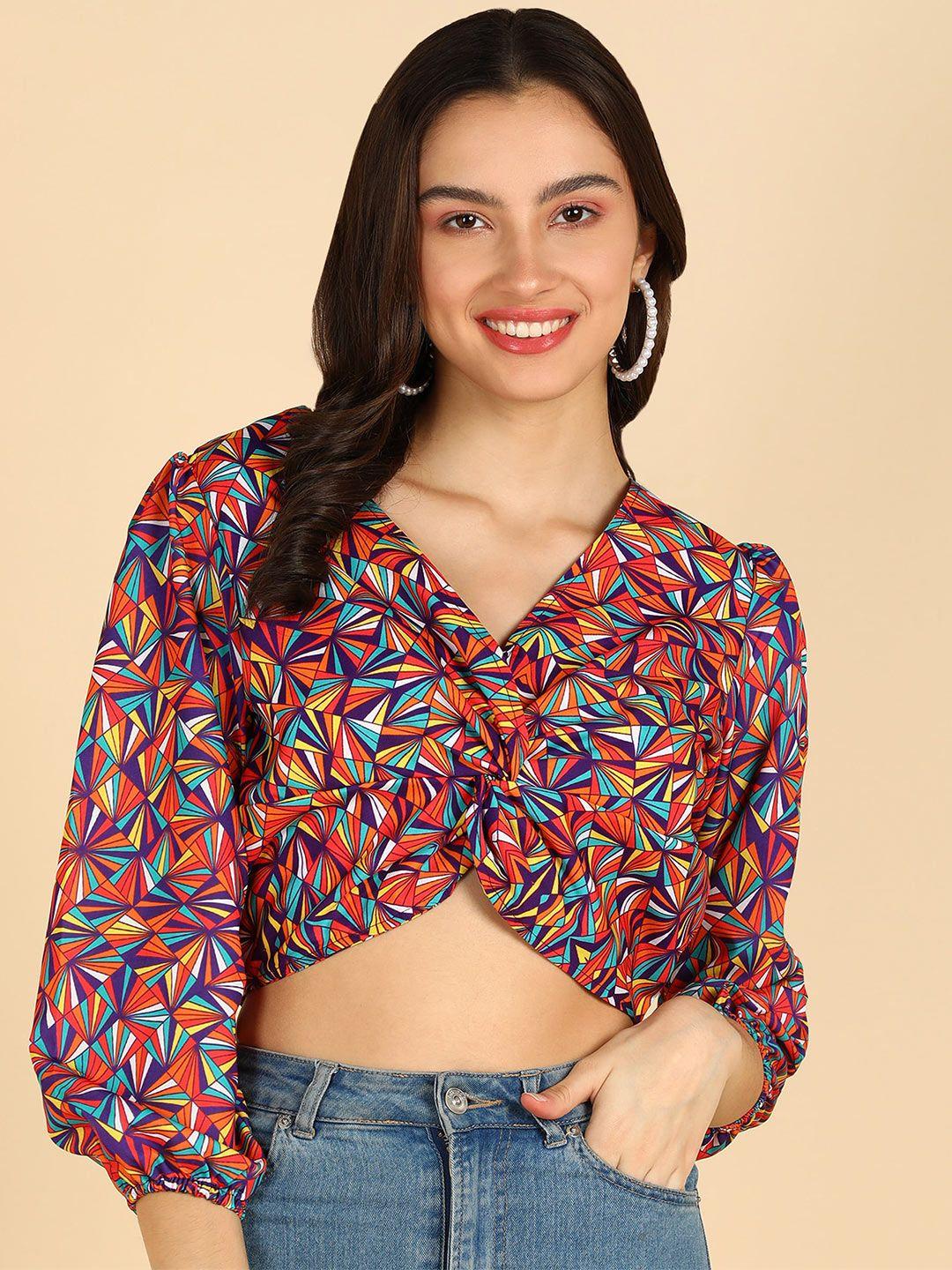 znx clothing geometric printed puff sleeves front knot crop top
