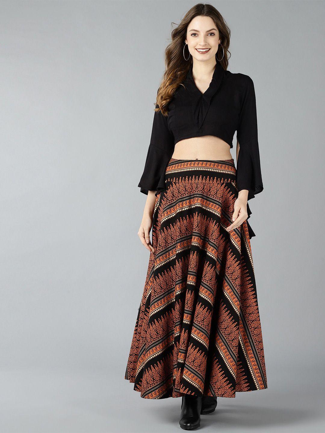 znx-clothing-women-black-&-orange-crop-top-with-skirt