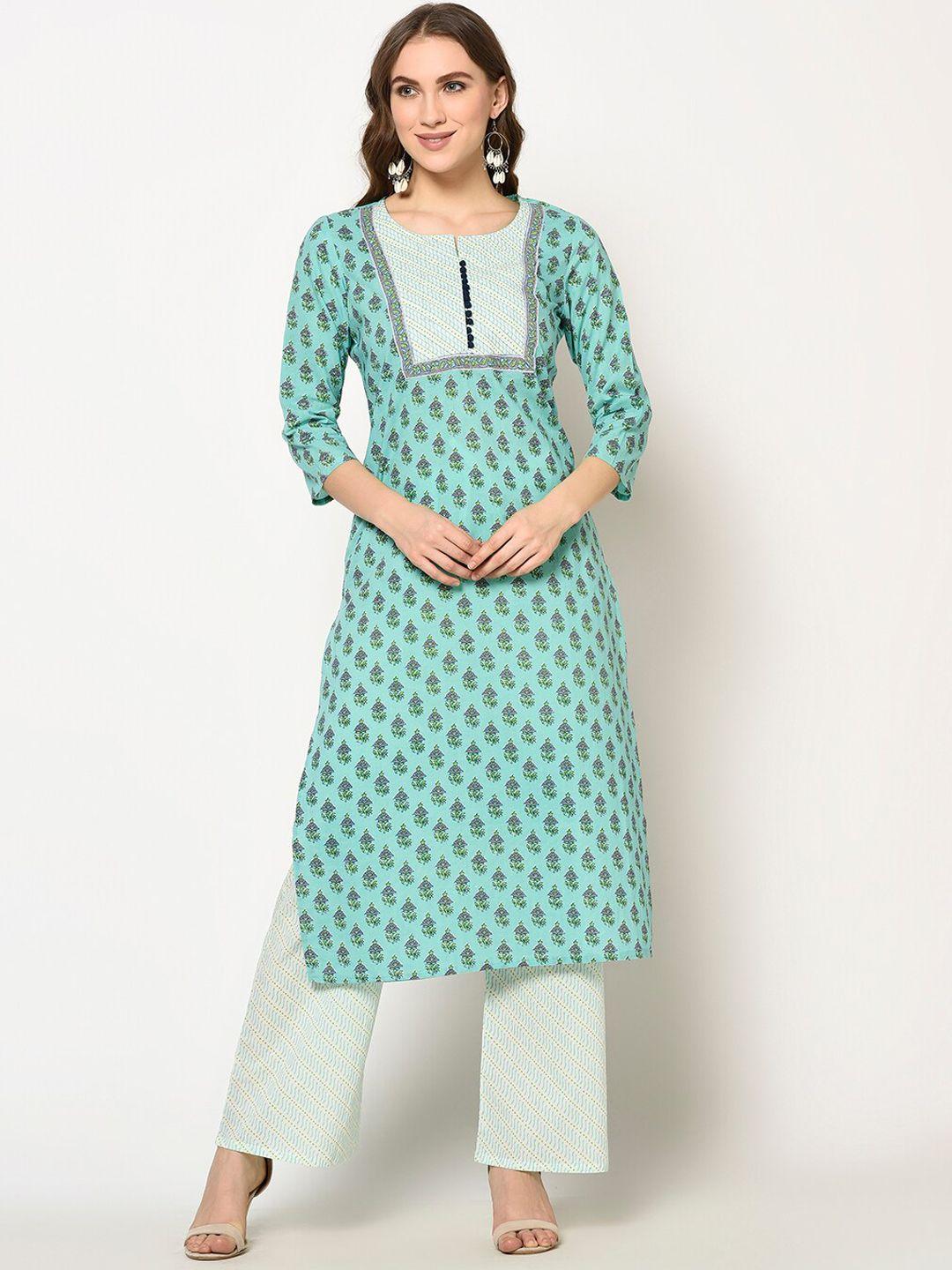 znx clothing women blue & green printed pure cotton kurta with palazzos & with dupatta