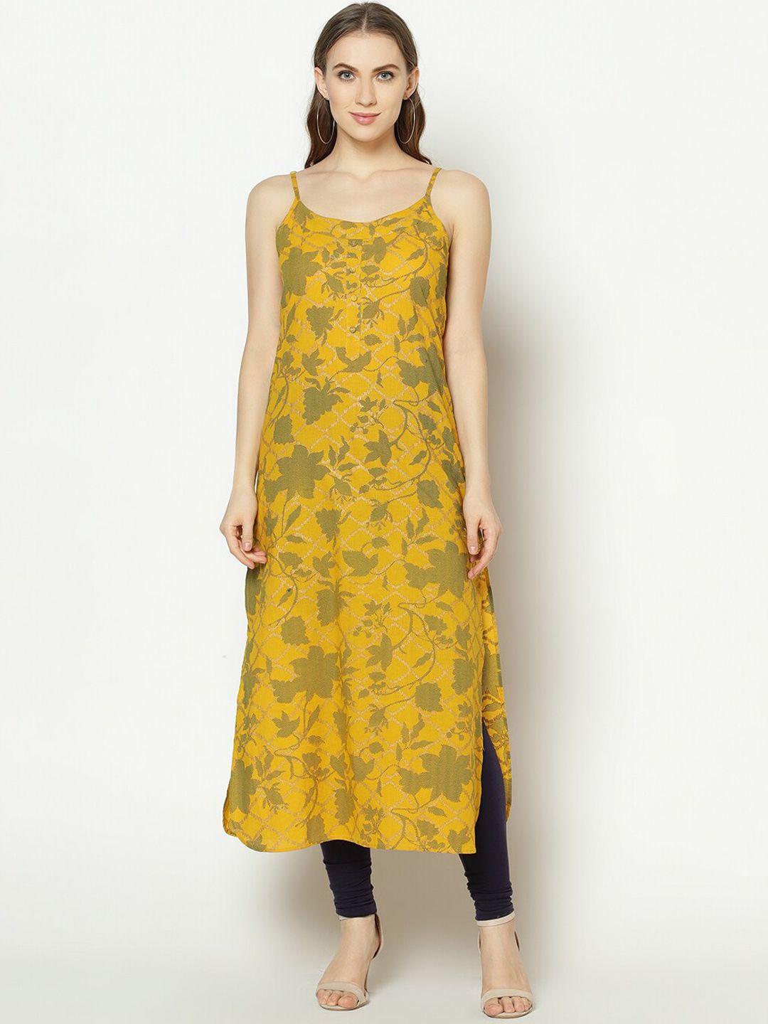 znx clothing women yellow floral printed cotton straight kurta