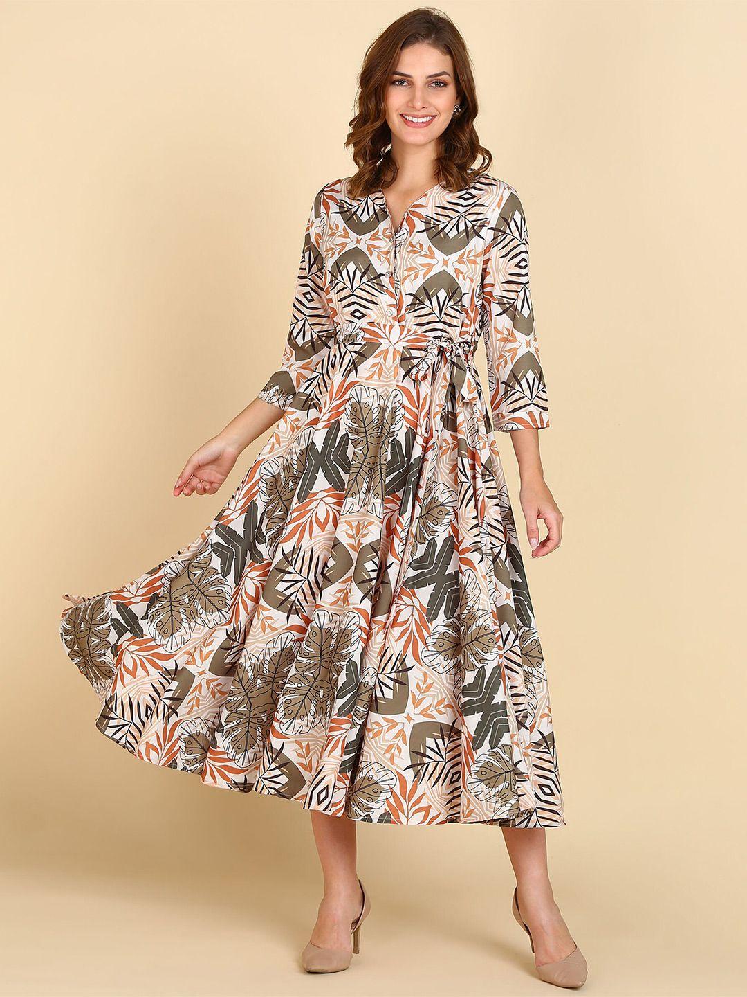 znx clothing band collar floral printed crepe fit & flare midi dress with belt