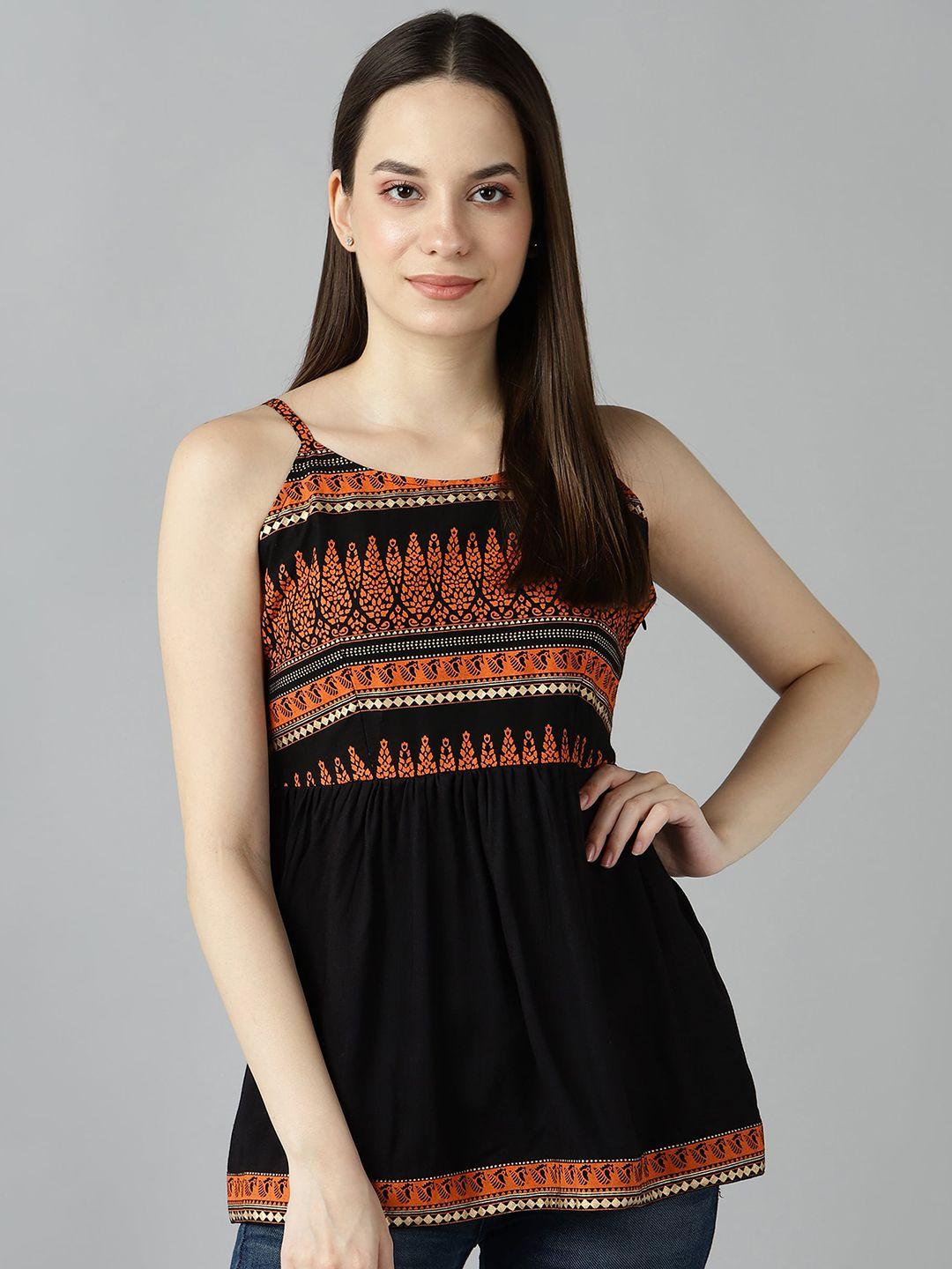 znx clothing black and orange tribal print sleeveless pure cotton a-line top