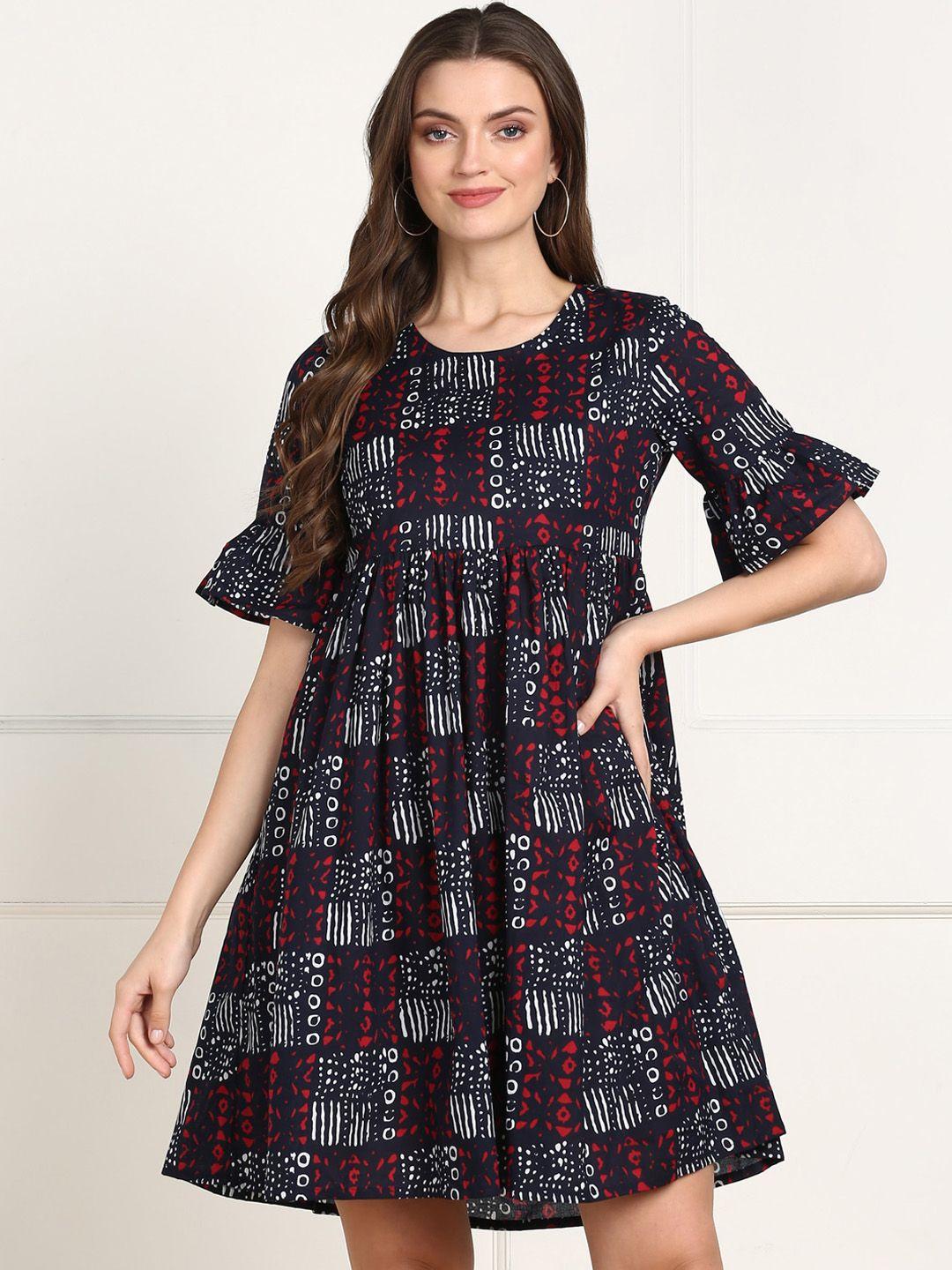 znx clothing blue & red printed fit and flare dress