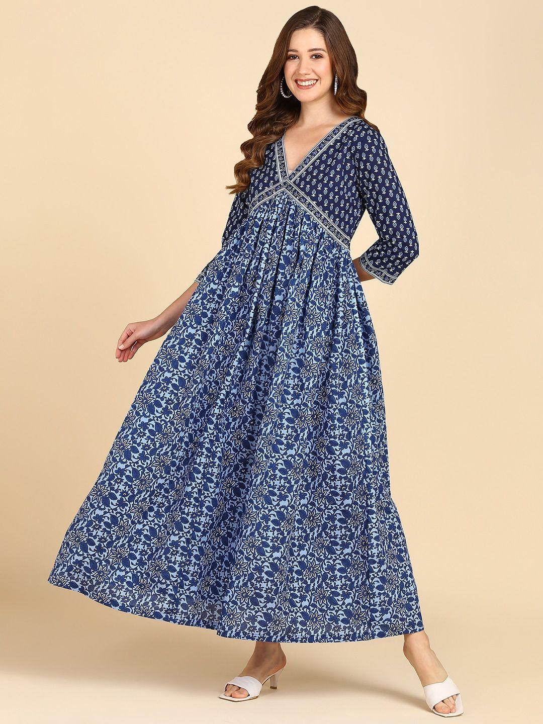 znx clothing blue floral printed v-neck empire dress