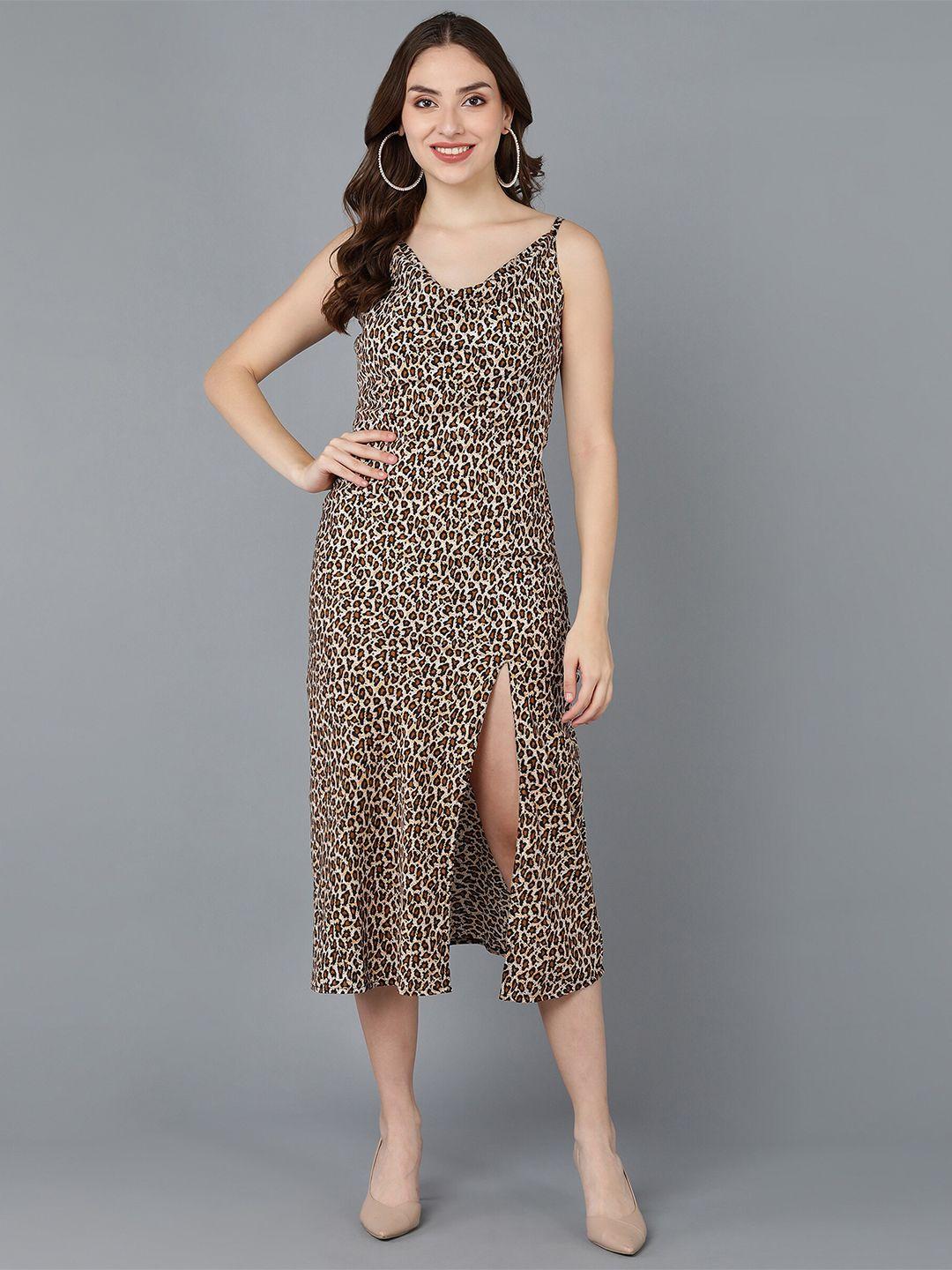 znx clothing brown animal crepe a-line midi dress