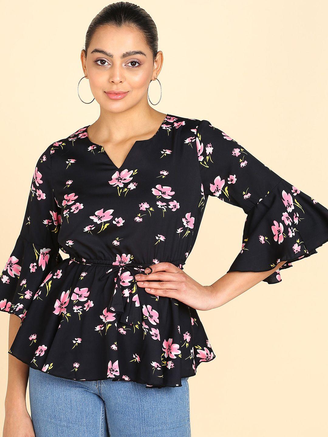 znx clothing floral printed bell sleeves cinched waist top