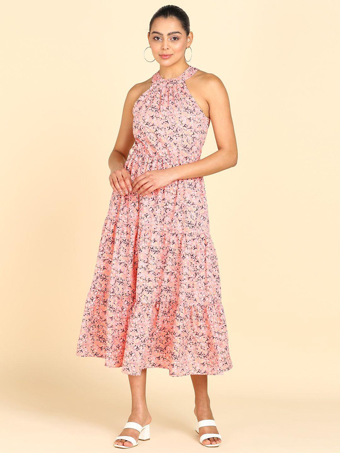 znx clothing floral printed halter neck a-line midi dress