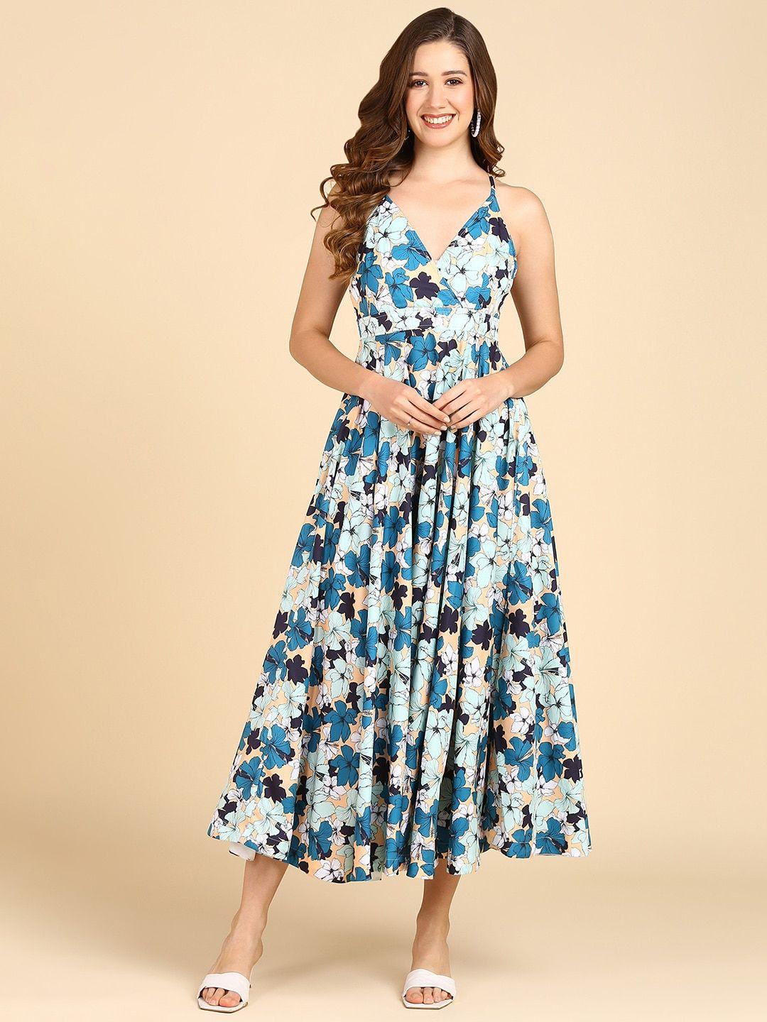 znx clothing floral printed shoulder straps fit & flare midi dress