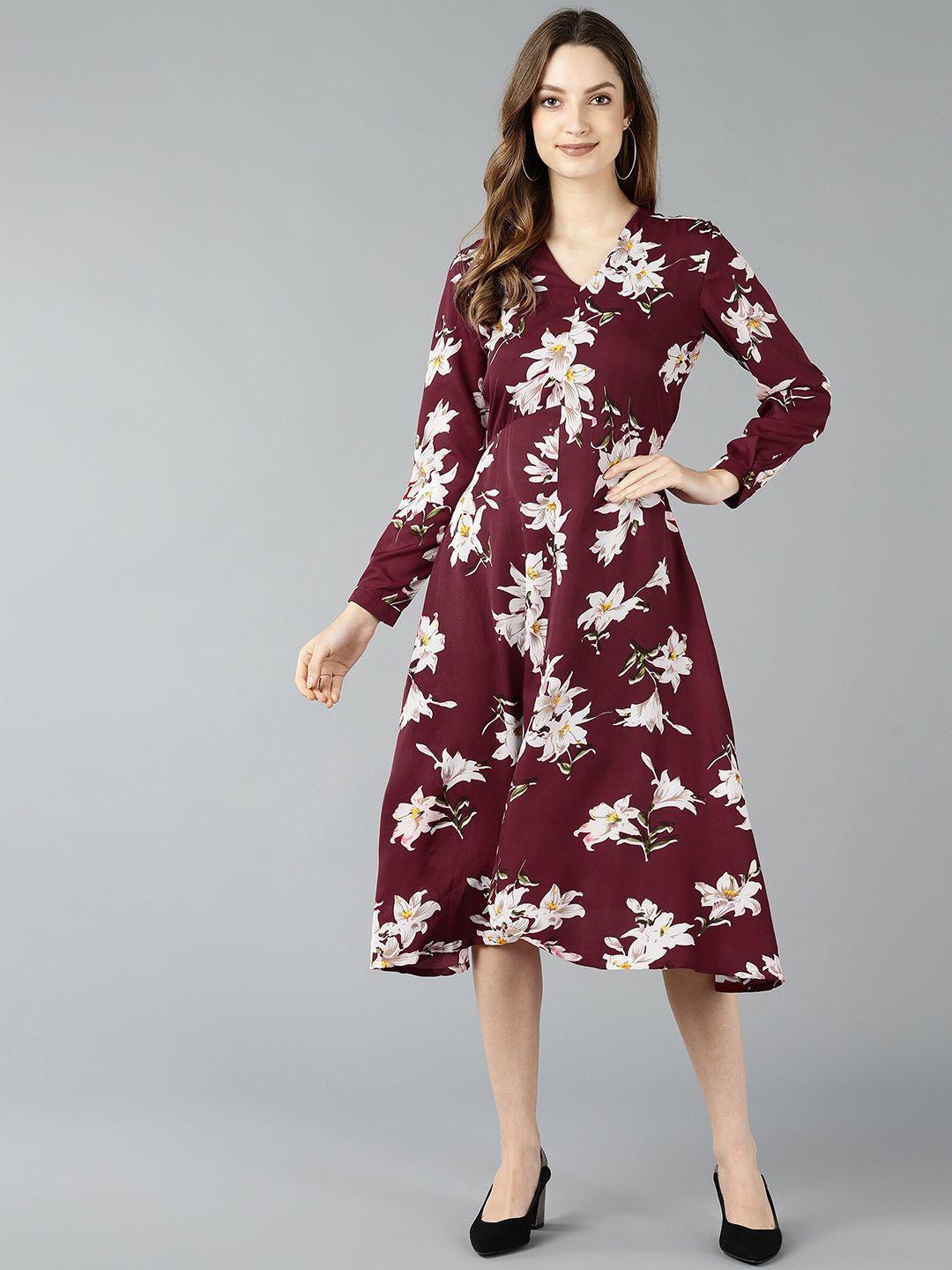 znx clothing maroon floral printed crepe a-line midi dress