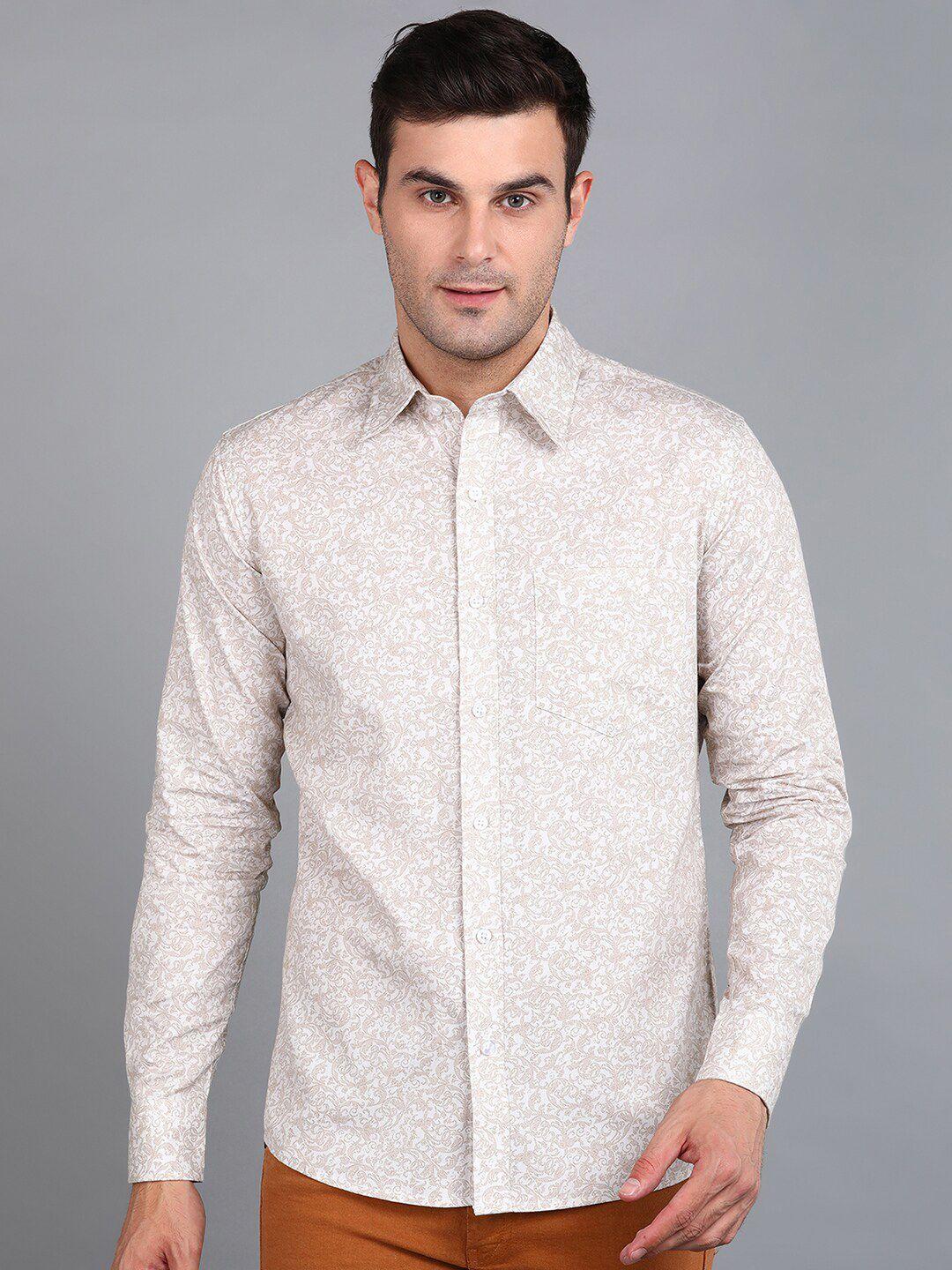 znx clothing men beige premium floral opaque printed formal shirt