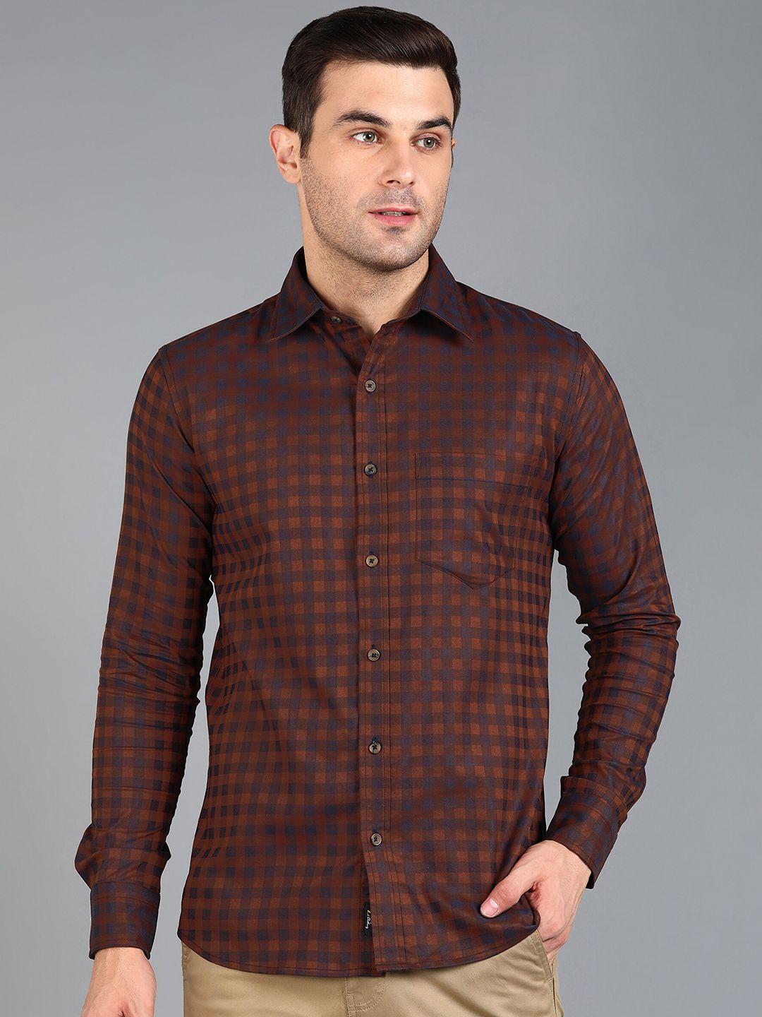 znx clothing men brown premium slim fit opaque checked formal shirt