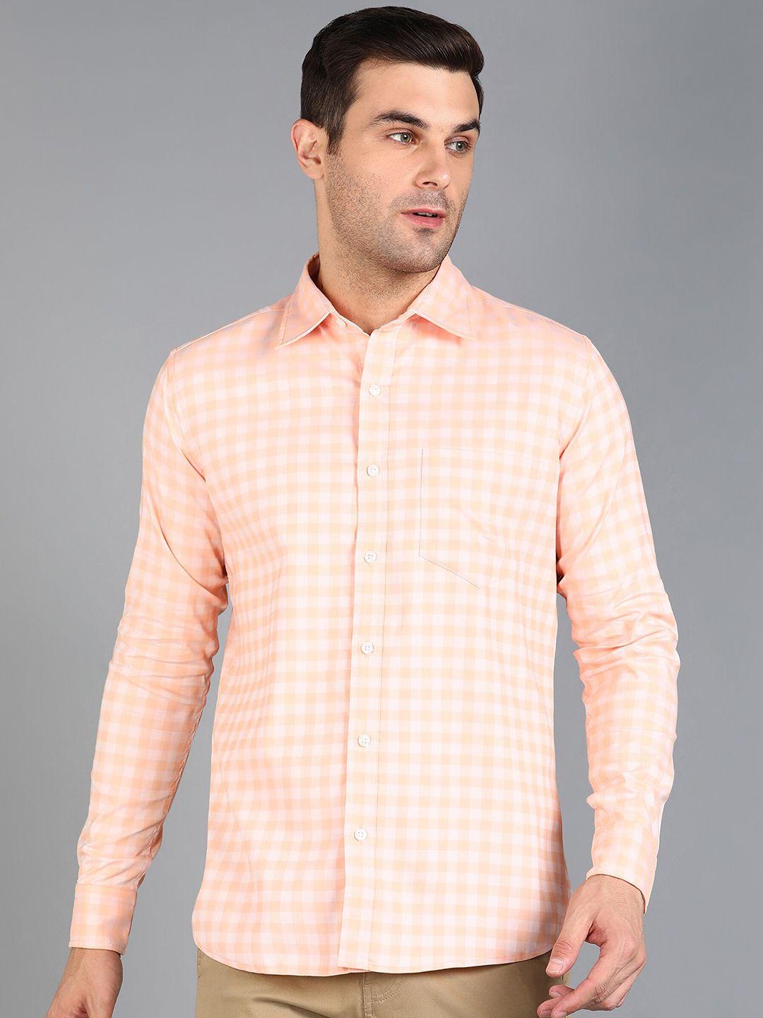 znx clothing men peach-coloured premium slim fit gingham checks opaque checked formal shirt