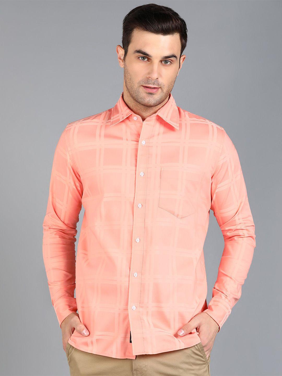 znx clothing men peach-coloured premium slim fit windowpane checks opaque checked formal shirt