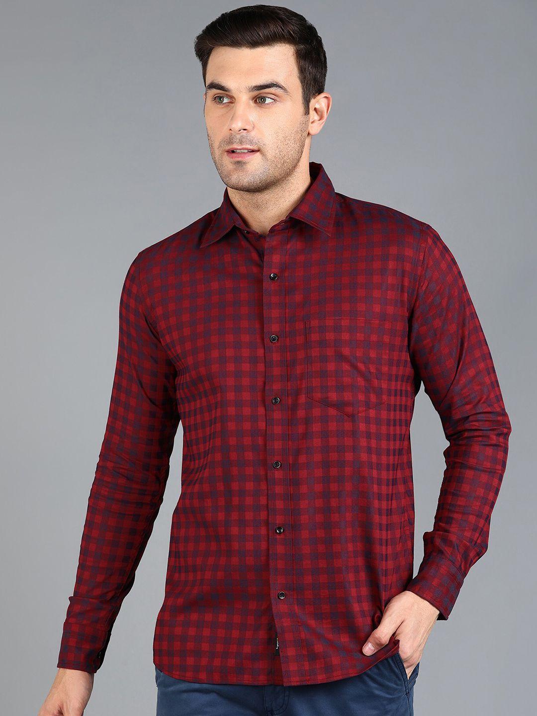 znx clothing men red premium slim fit opaque checked formal shirt