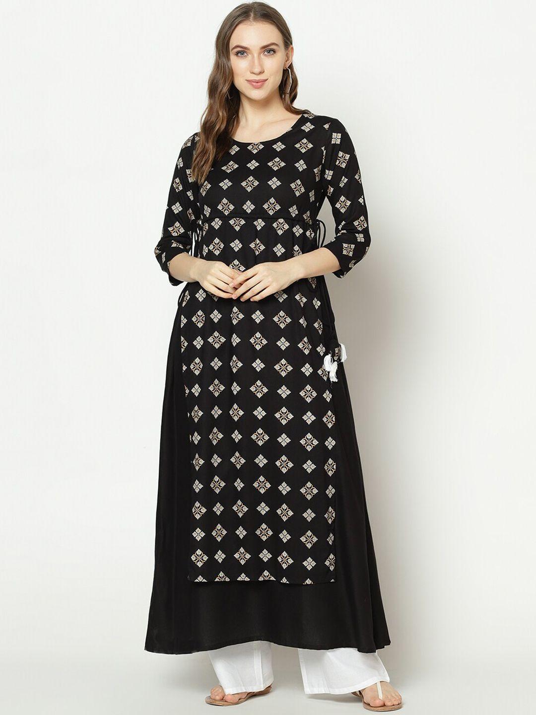 znx clothing women black & white geometric printed kurta