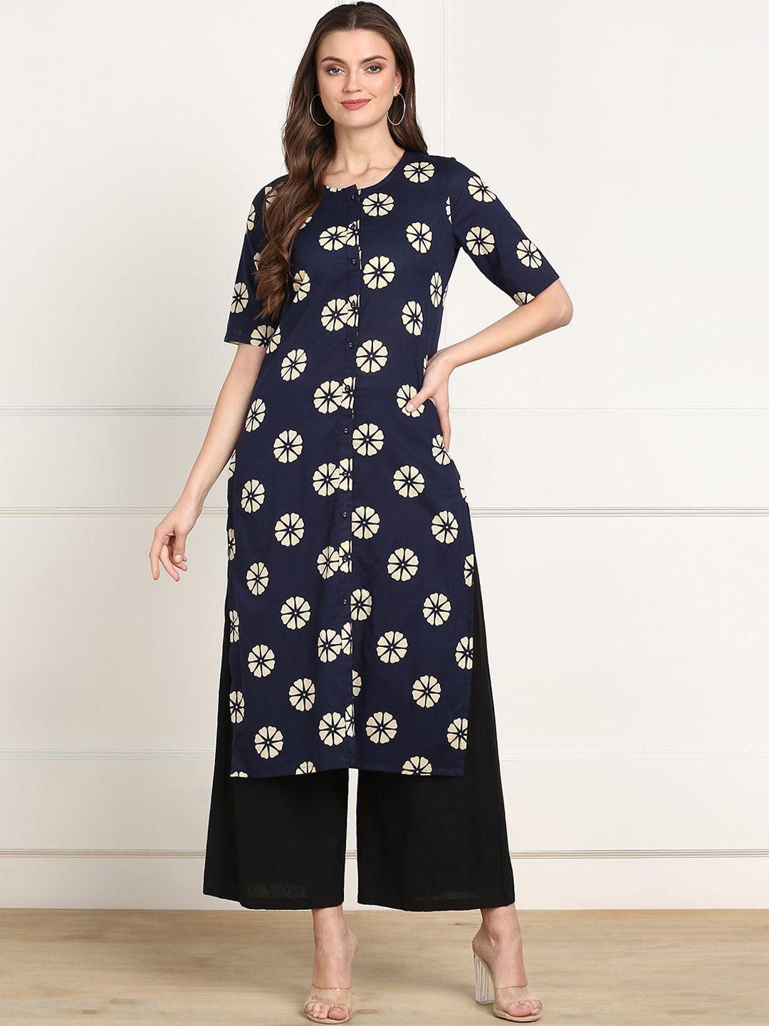 znx clothing women blue floral printed flared sleeves thread work kurta