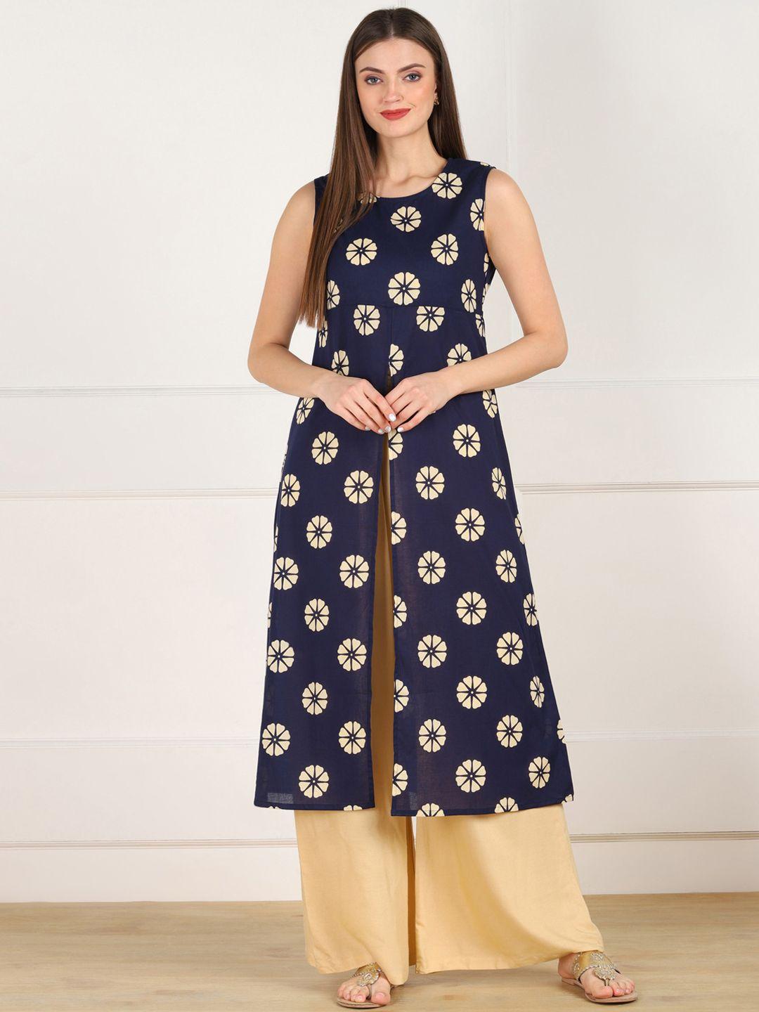 znx clothing women blue floral printed thread work kurta