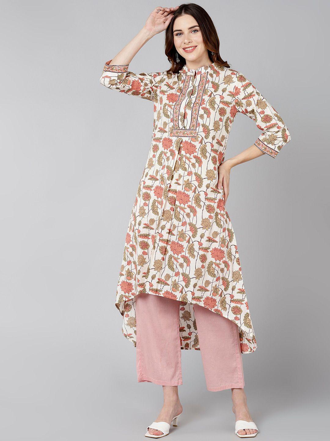 znx clothing women cream-coloured & rose floral printed high-low cotton a-line kurta