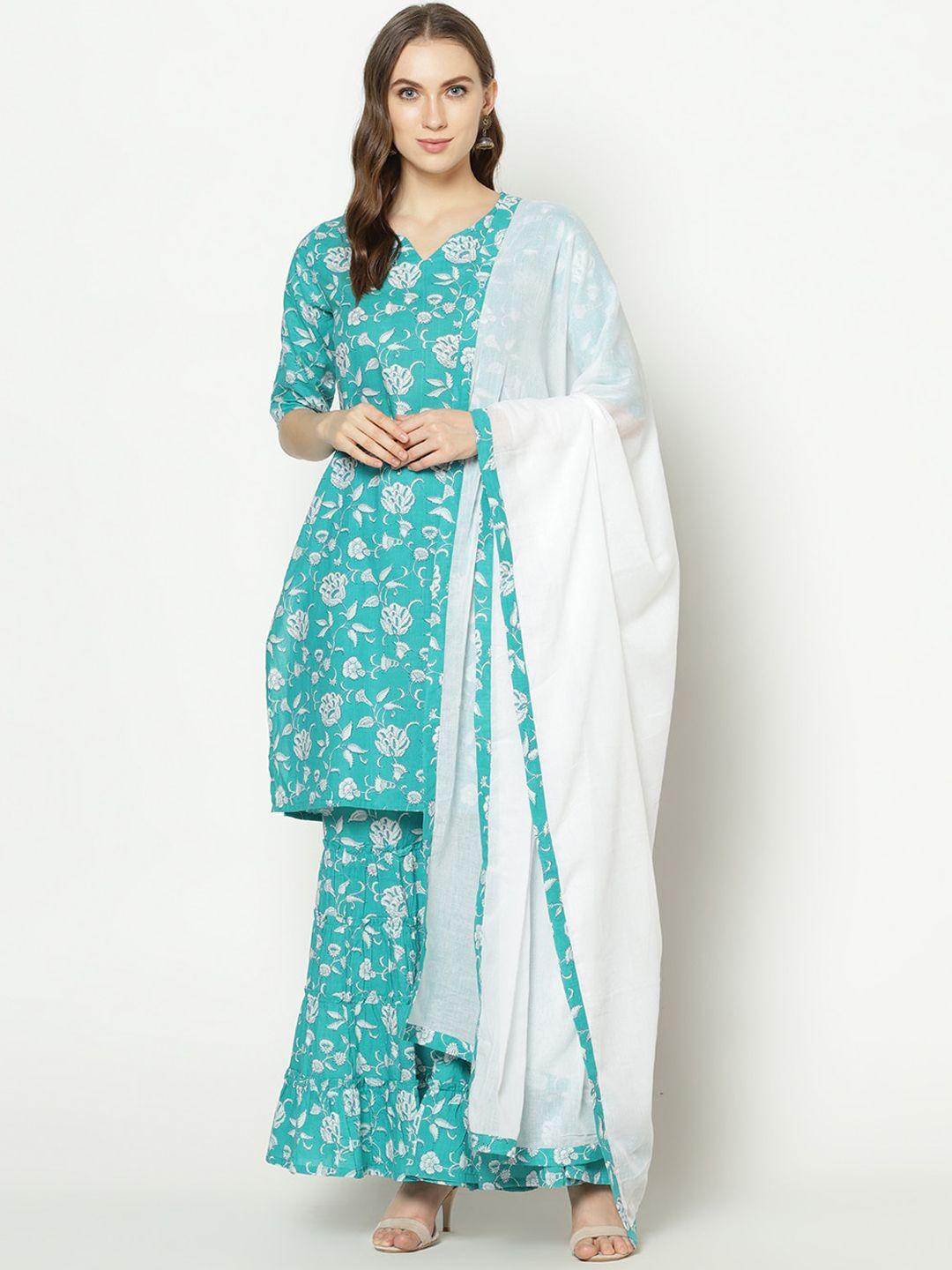 znx clothing women green ethnic motifs printed pure cotton kurta with sharara & with dupatta