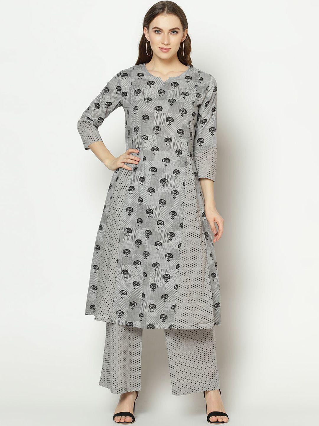 znx clothing women grey floral printed panelled pure cotton kurta with palazzos