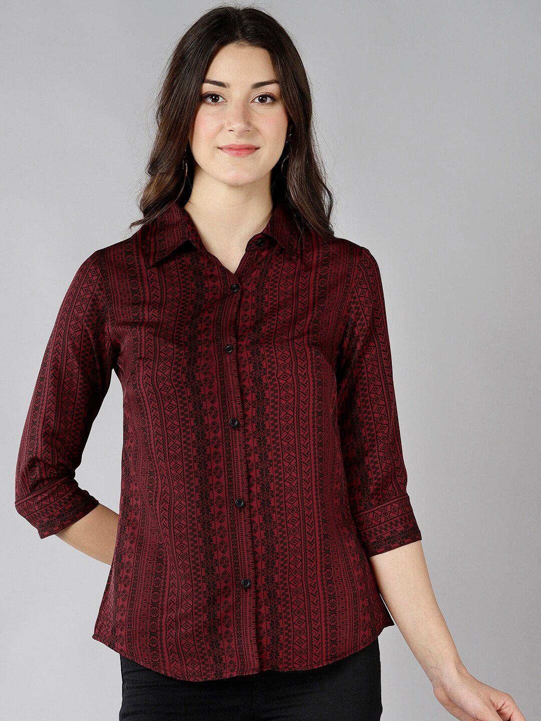 znx clothing women maroon classic printed casual shirt